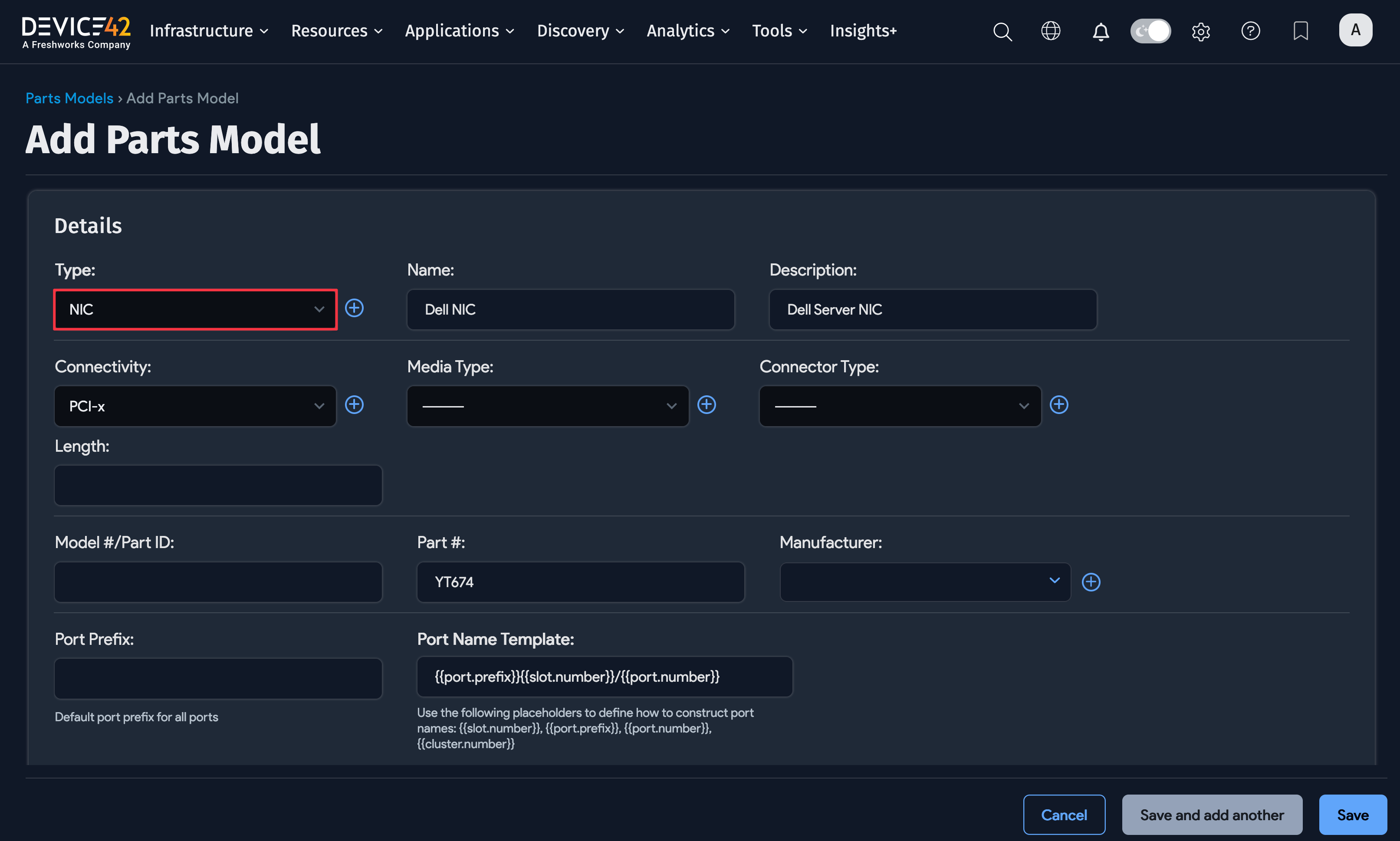 Add a parts model screen