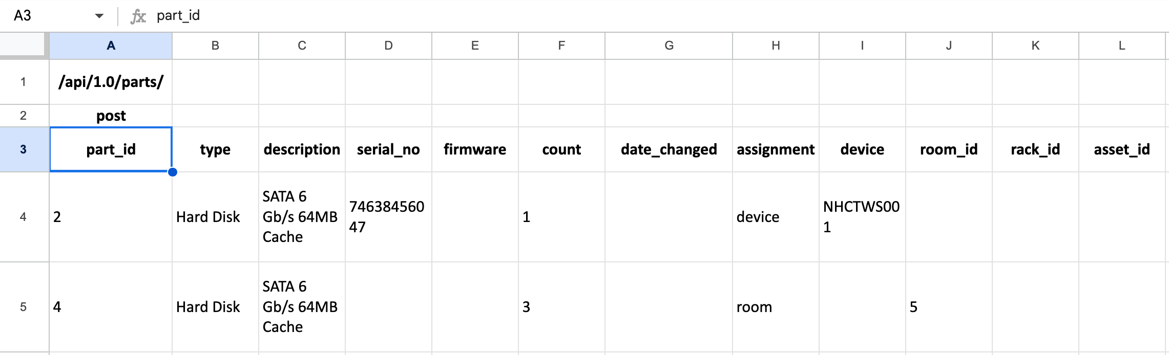 Parts sample spreadsheet