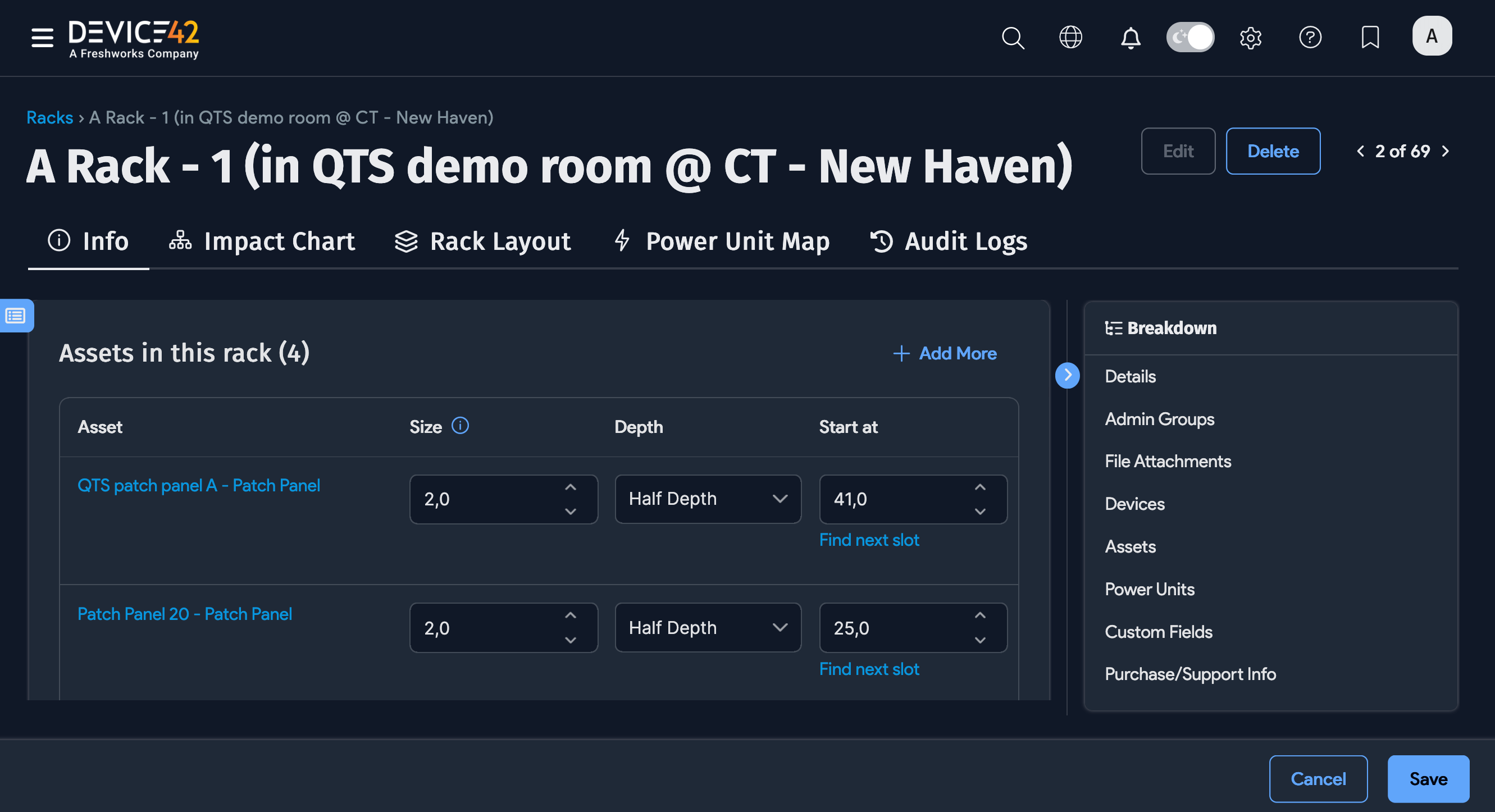 Adding assets to the rack from the rack edit screen