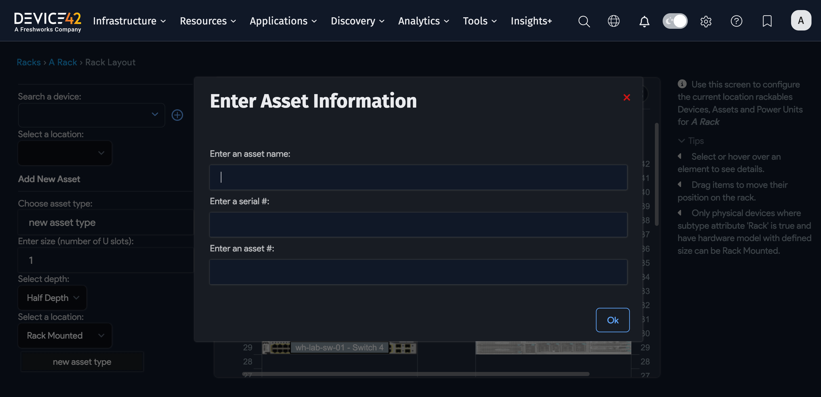 Enter rack details form