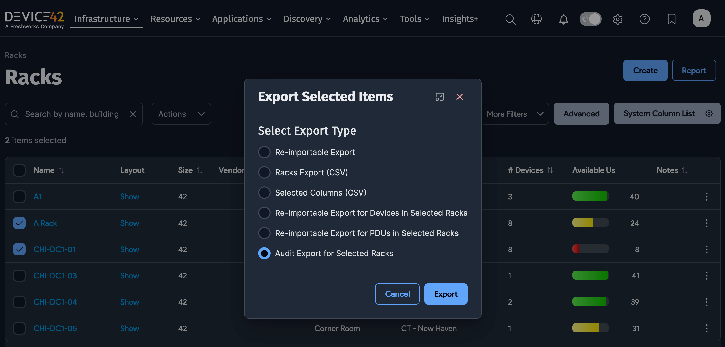 Audit export options modal window