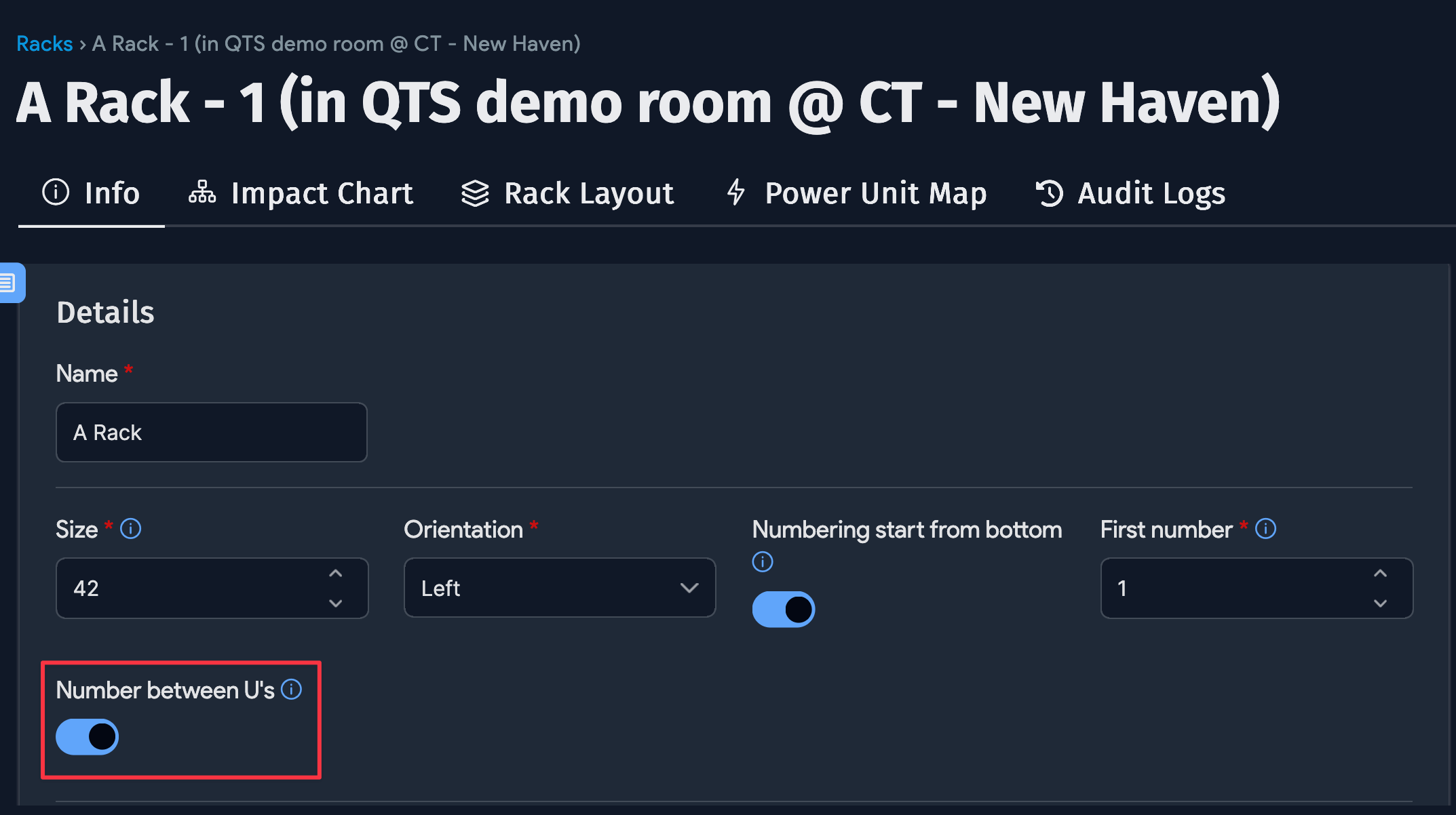 Number between U's option in Rack view