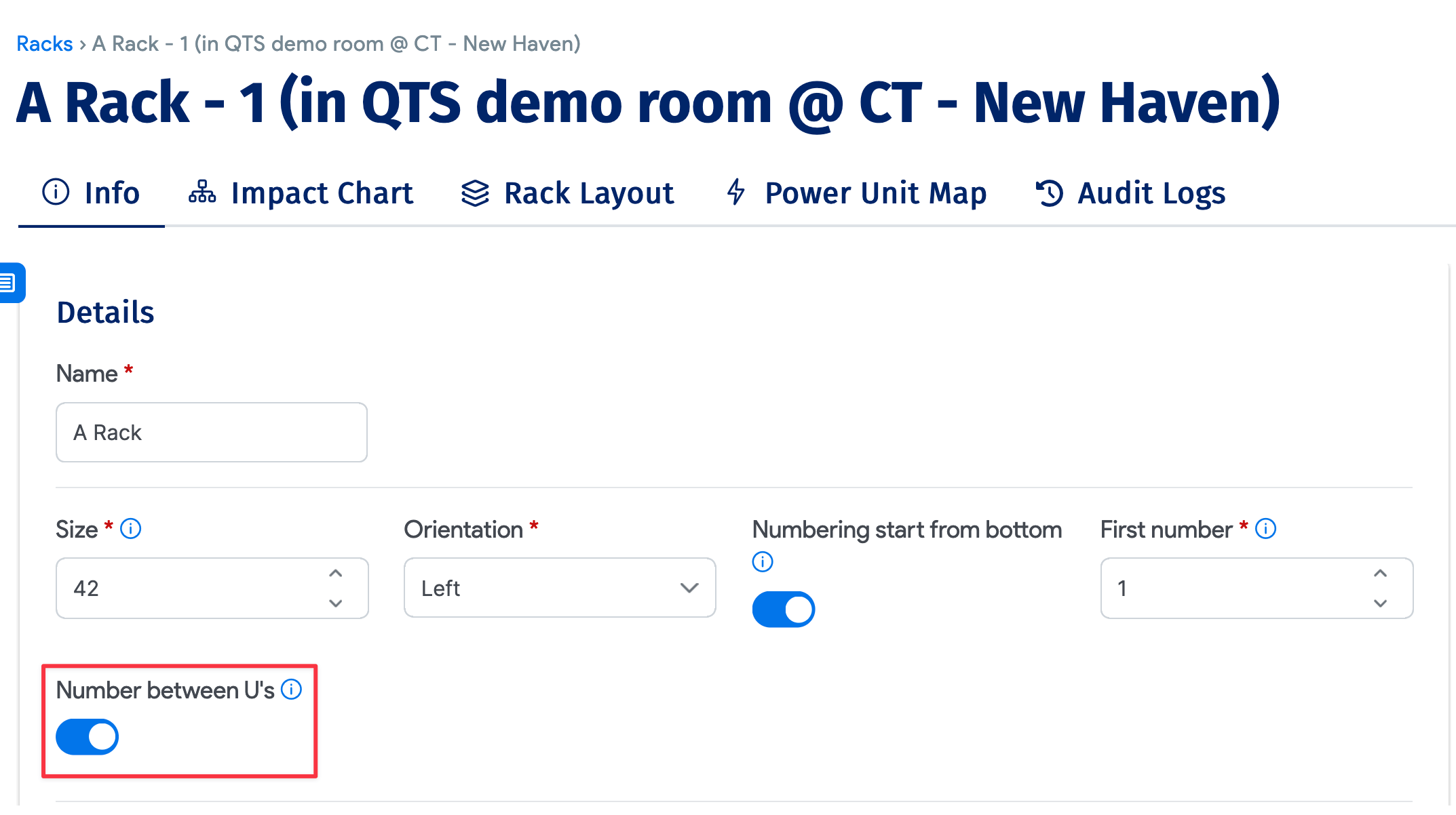 Number between U's option in Rack view
