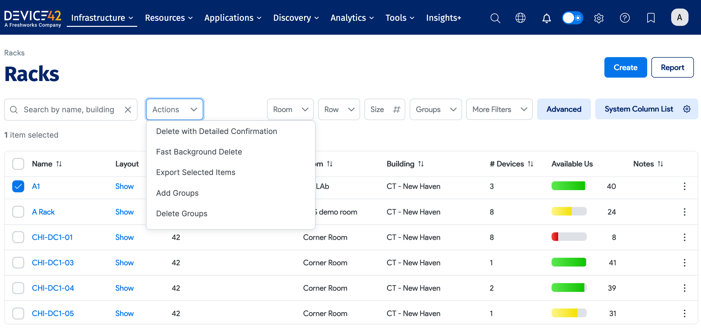 Rack Actions dropdown menu