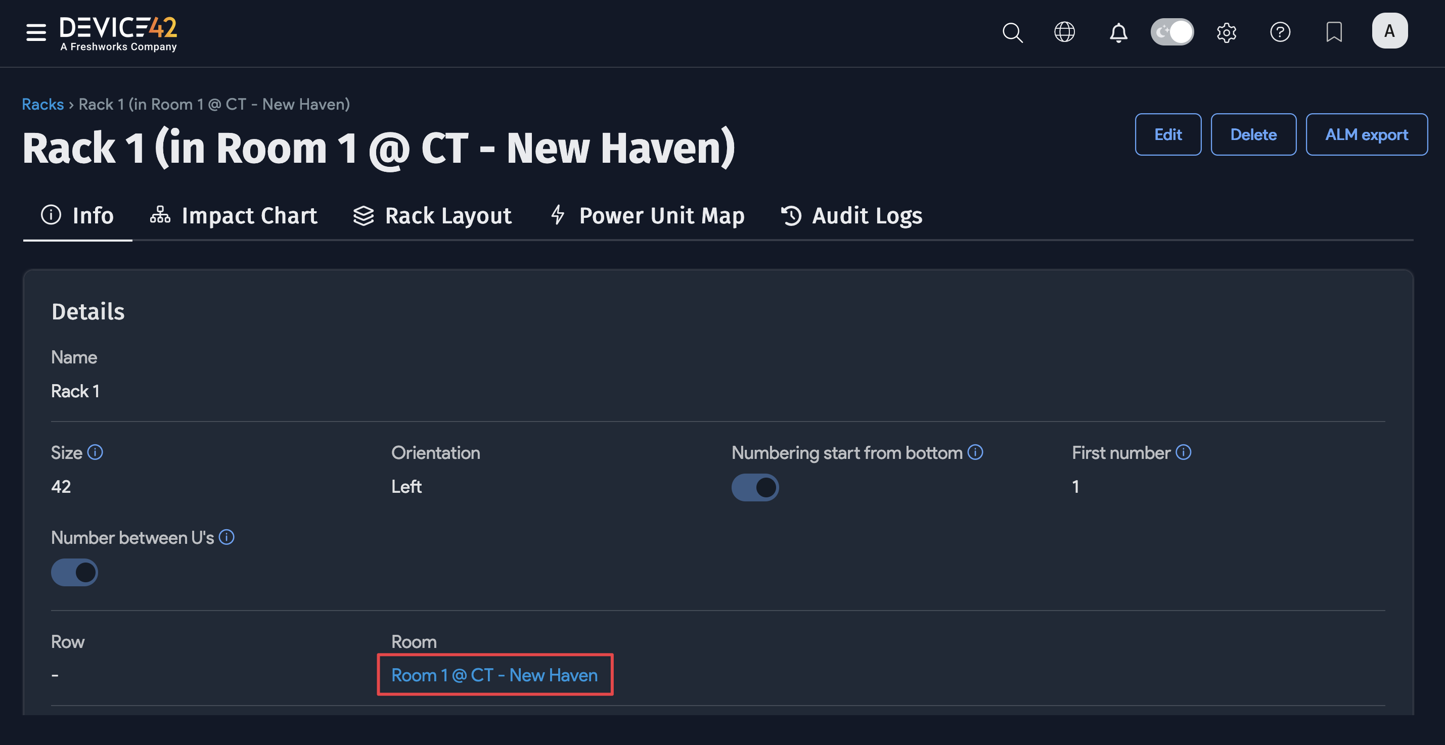 Rack view with Room link