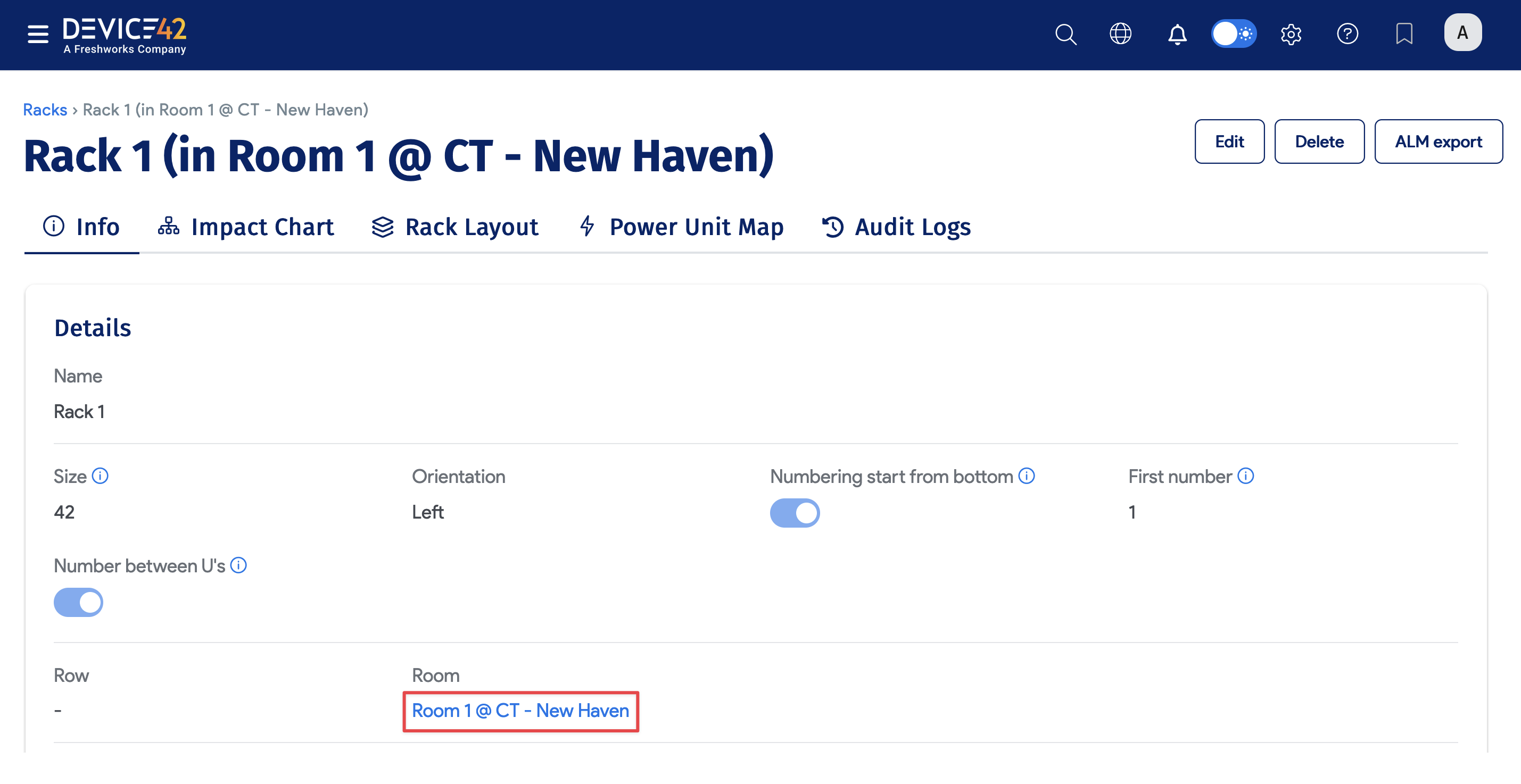 Rack view with Room link