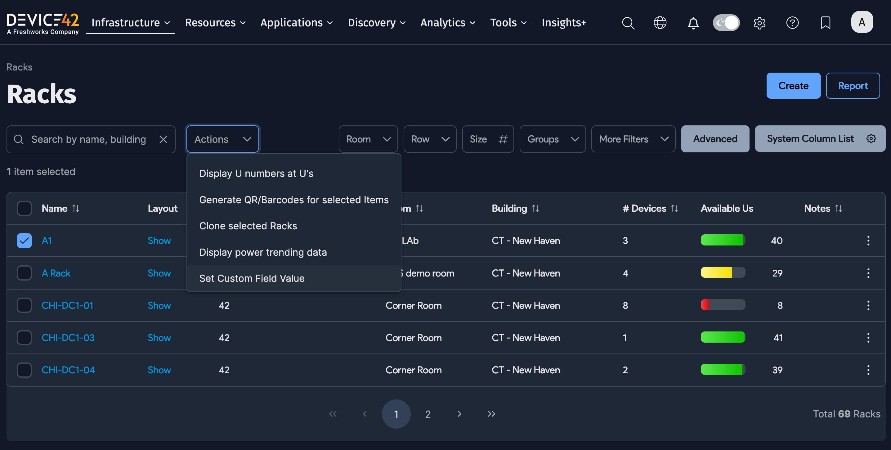 Racks list page with Actions menu