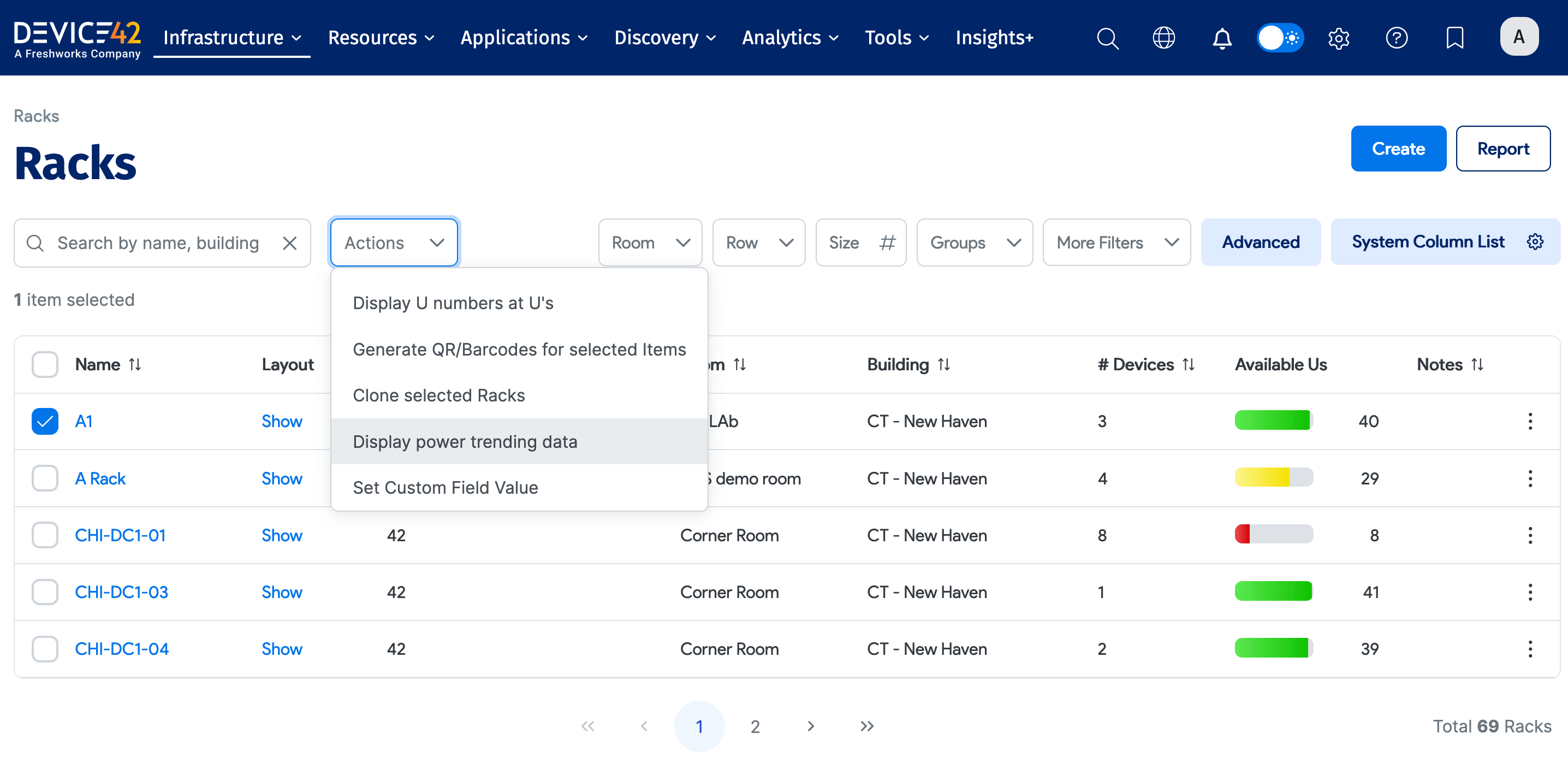 Racks list page with Actions menu