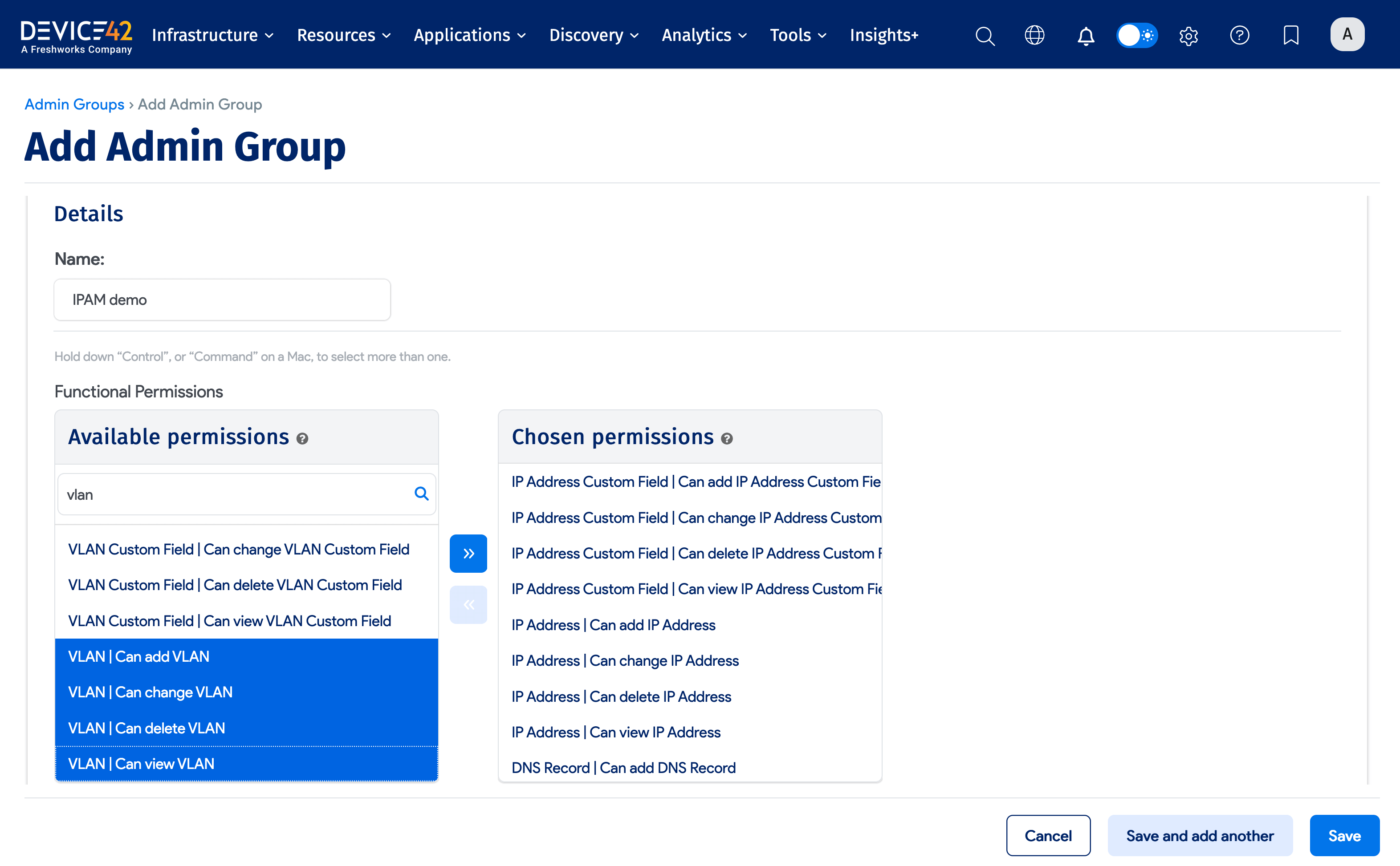 Select VLAN-related permissions