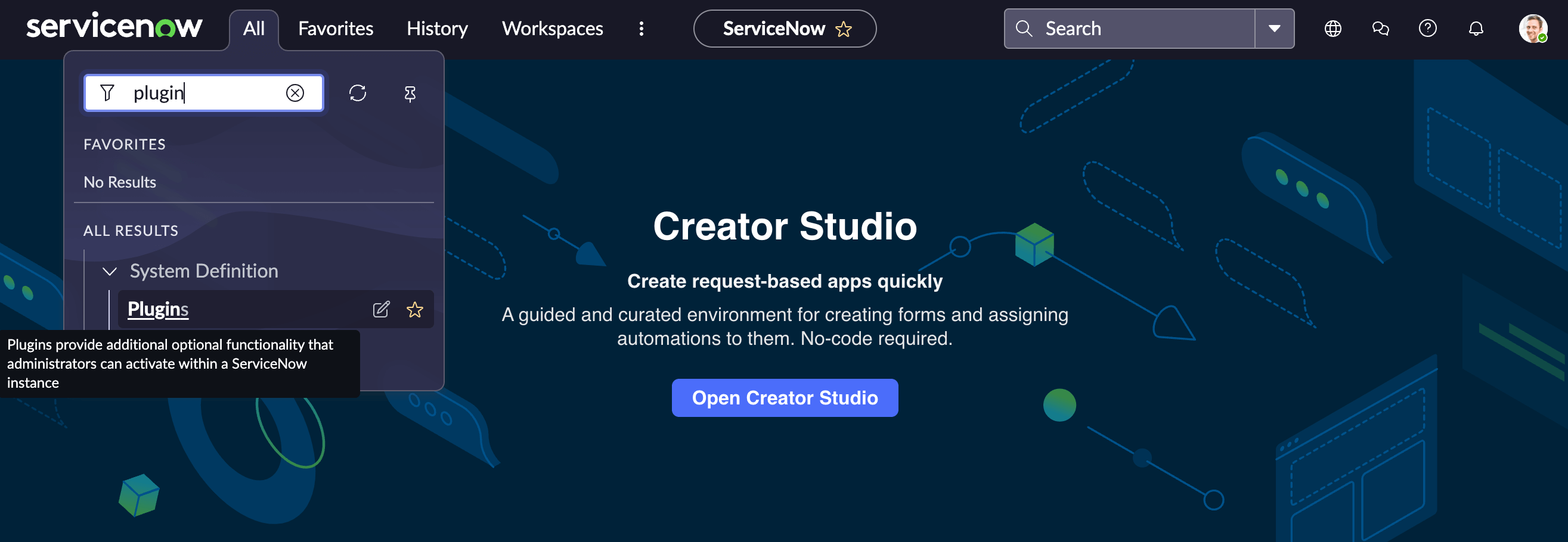 ServiceNow search bar