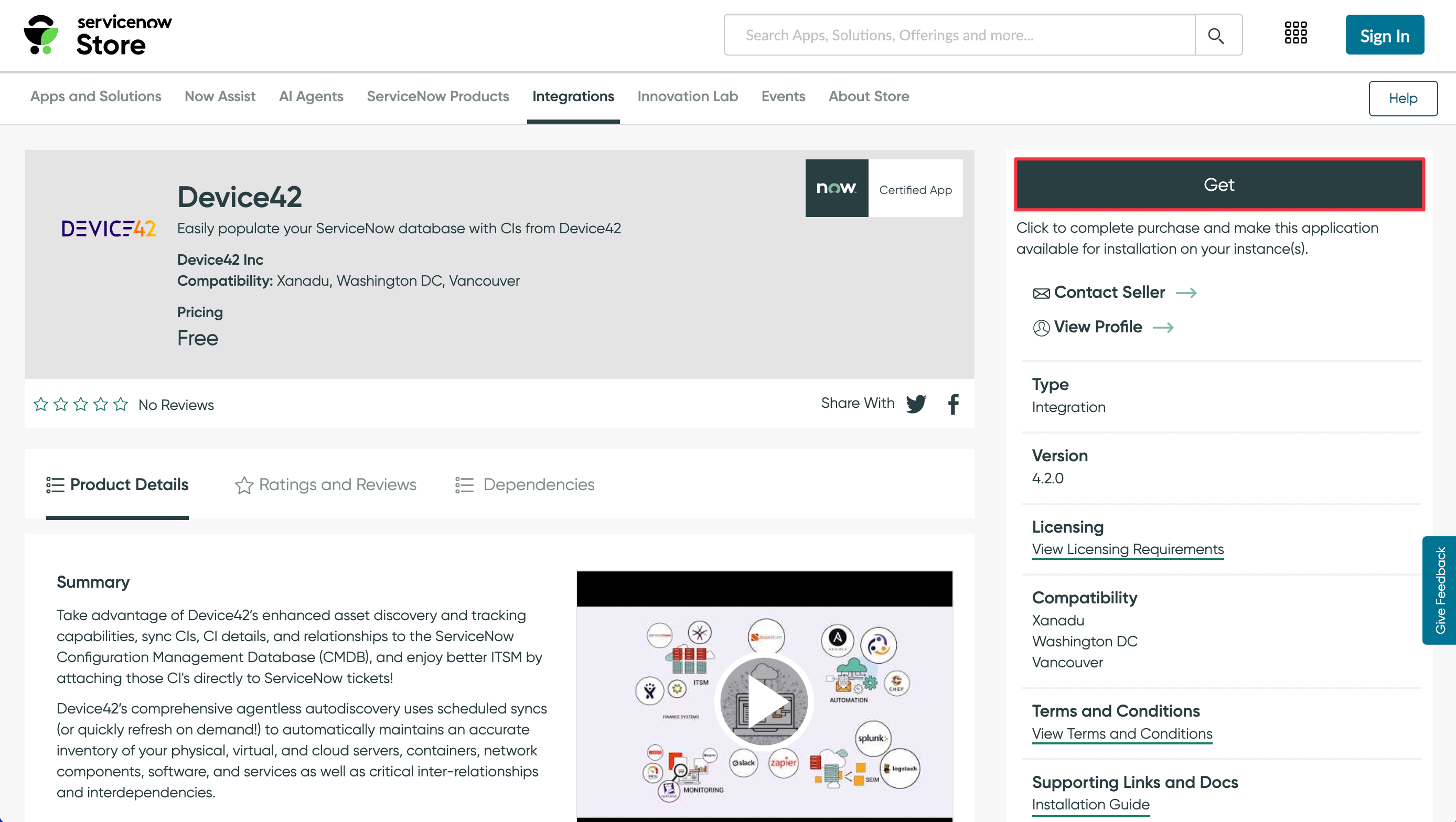 The Device42 plugin in the ServiceNow store