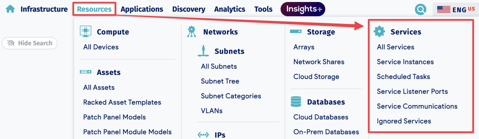 Services menu options