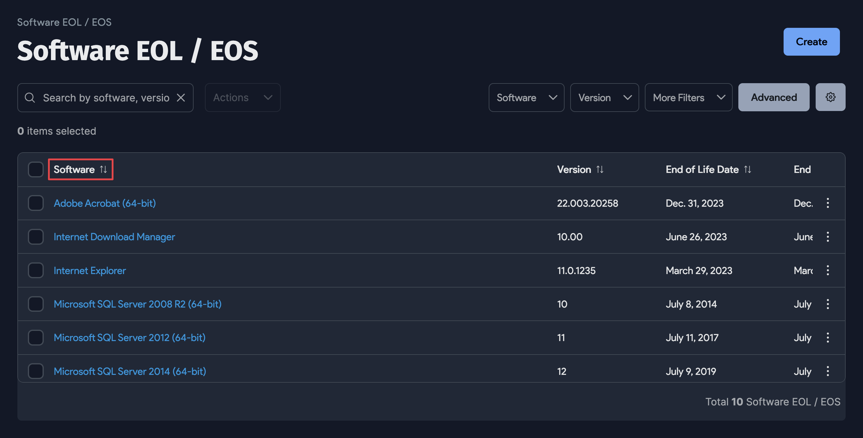 Software EOL / EOS list page