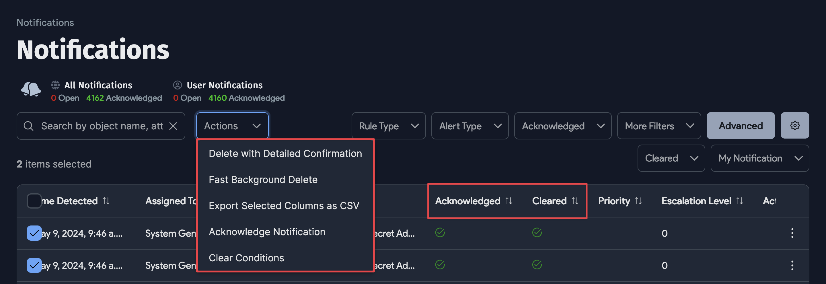 Notification list view and actions