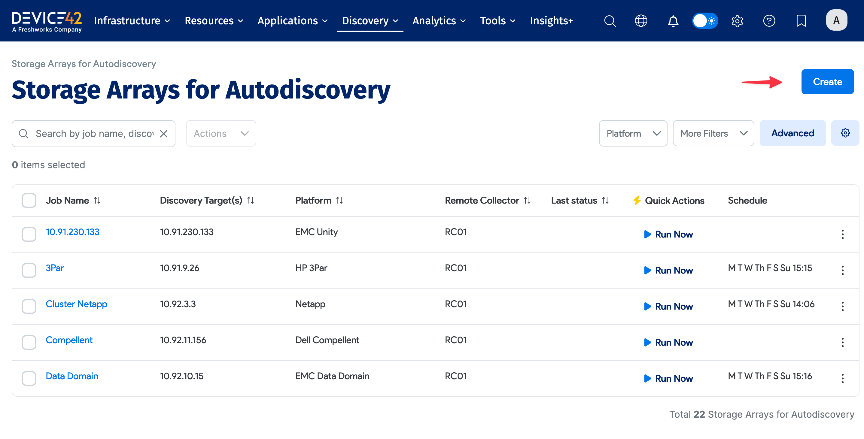 Storage array list page