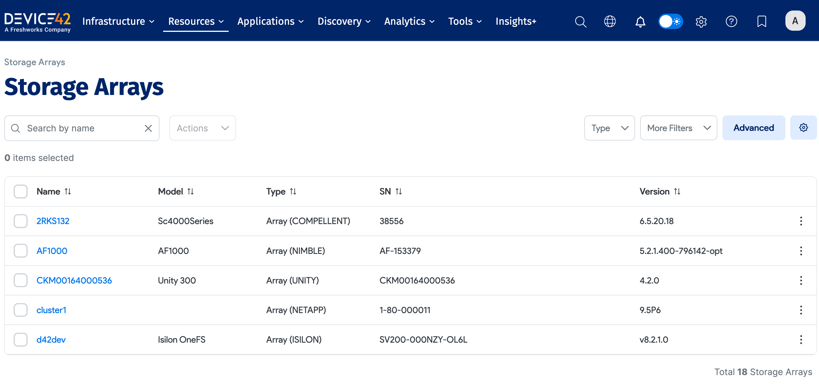 Storage arrays list page