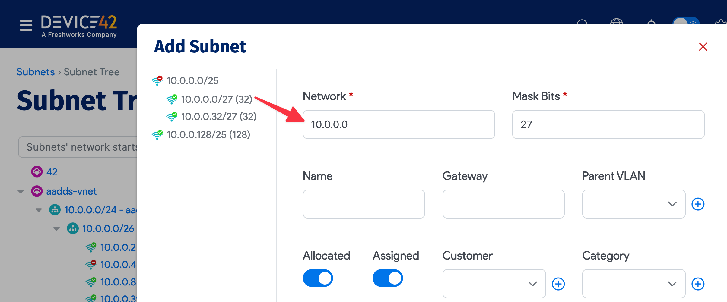 Nest subnets right from the tree view