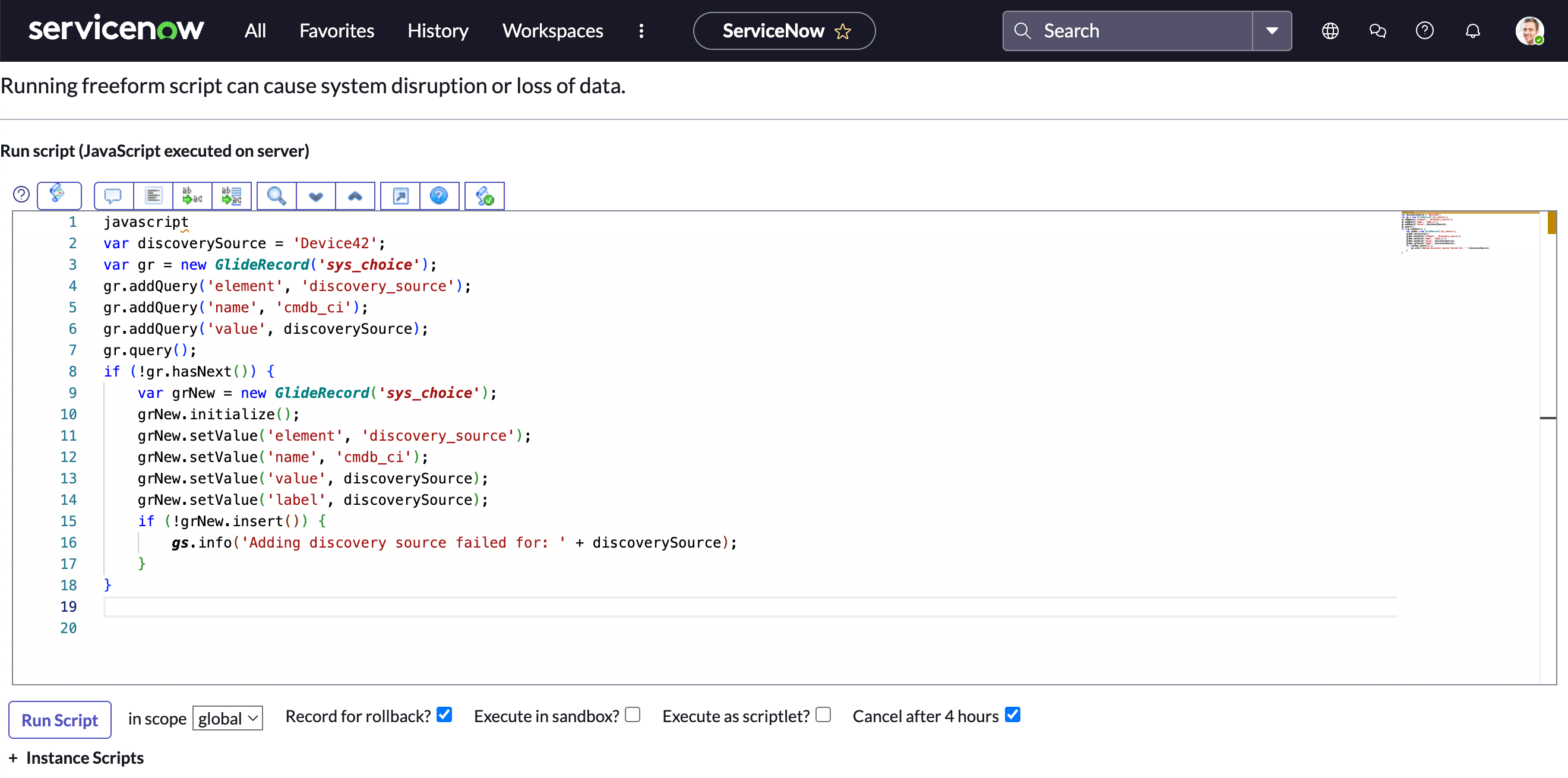 The JS script in ServiceNow