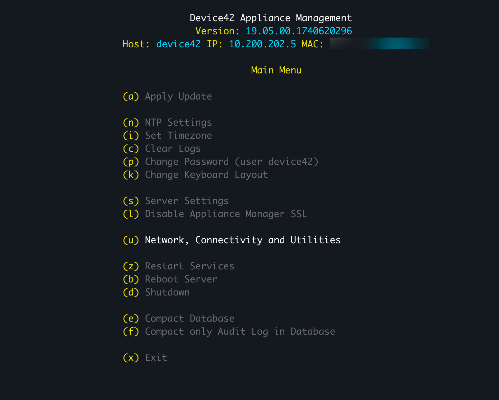Device42 VM console menu v19.05