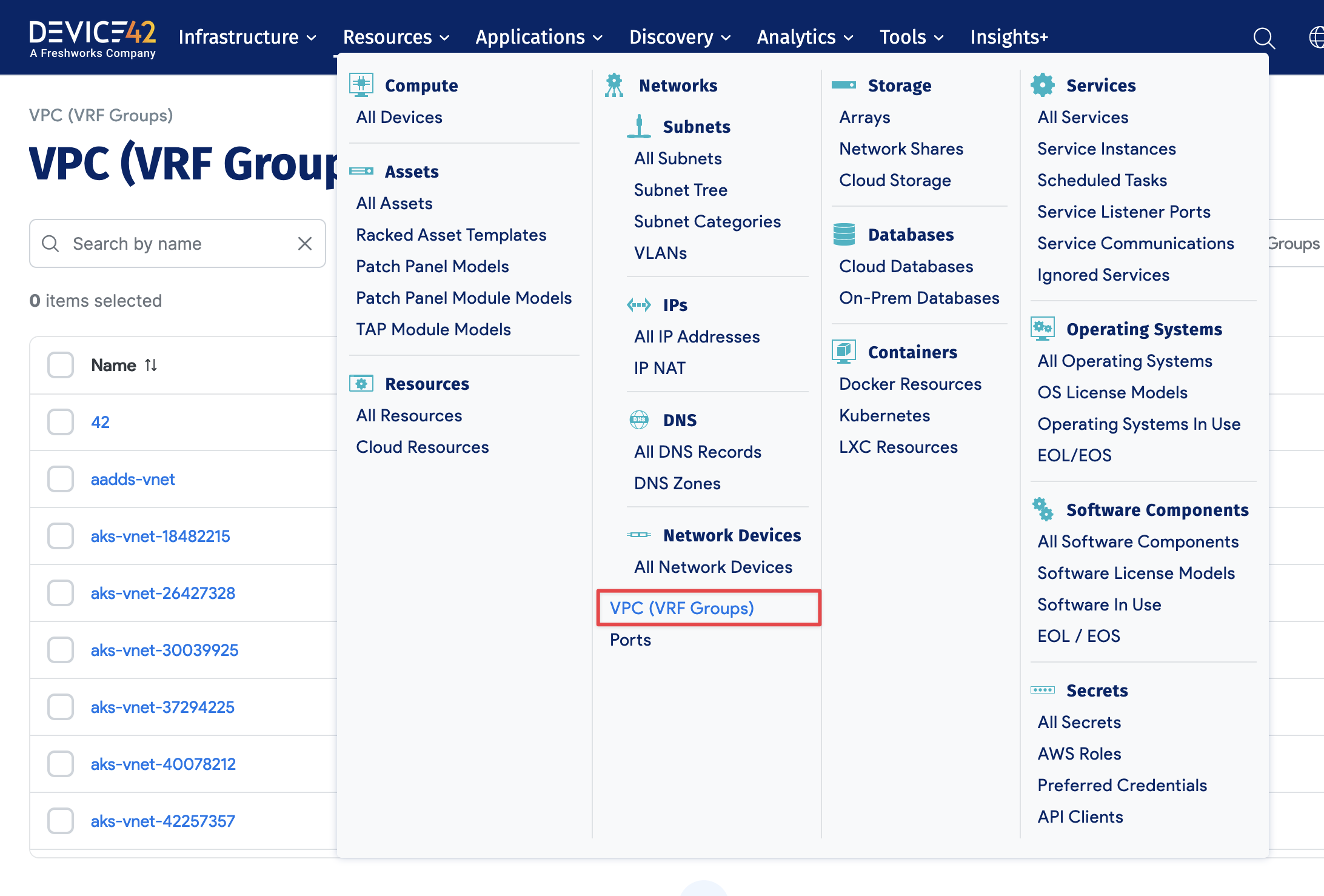 Device42 VRF Group menu item