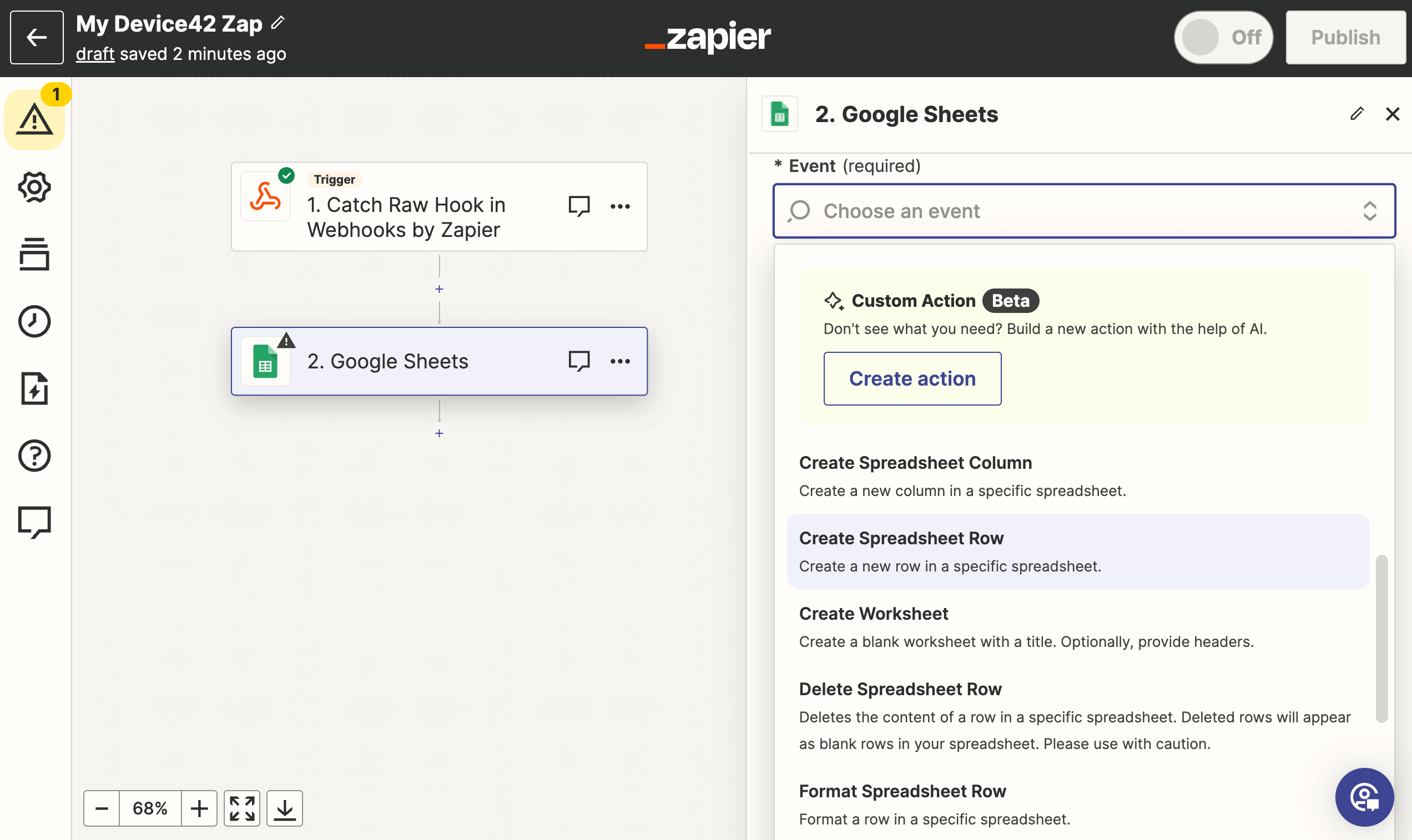 Select the spreadsheet action