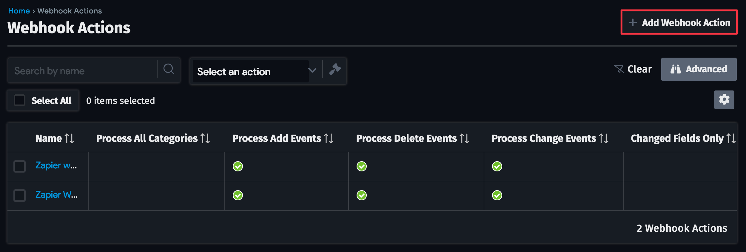 Webhook actions list page