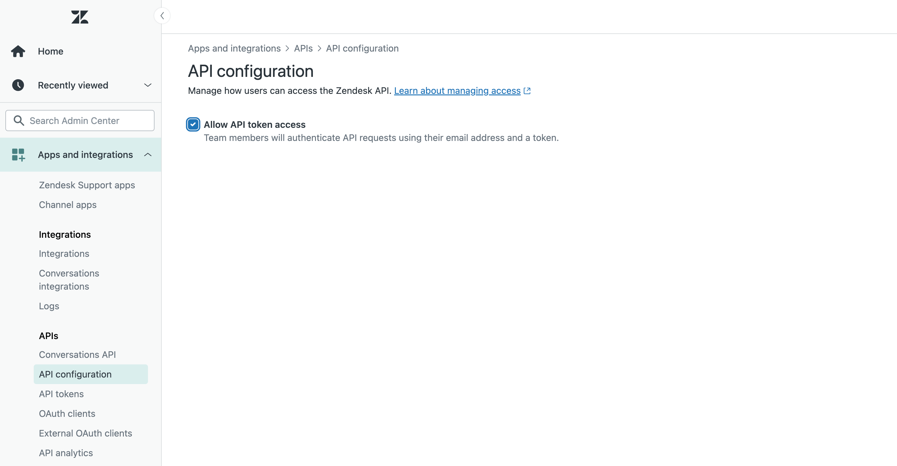 Zendesk enable API token access