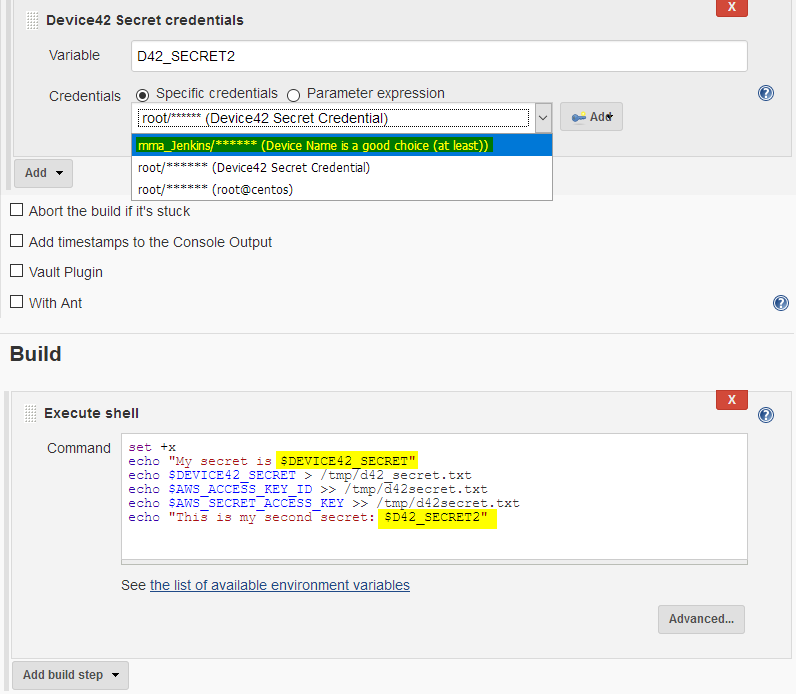 Jenkins Execute Shell with D42 credential variables