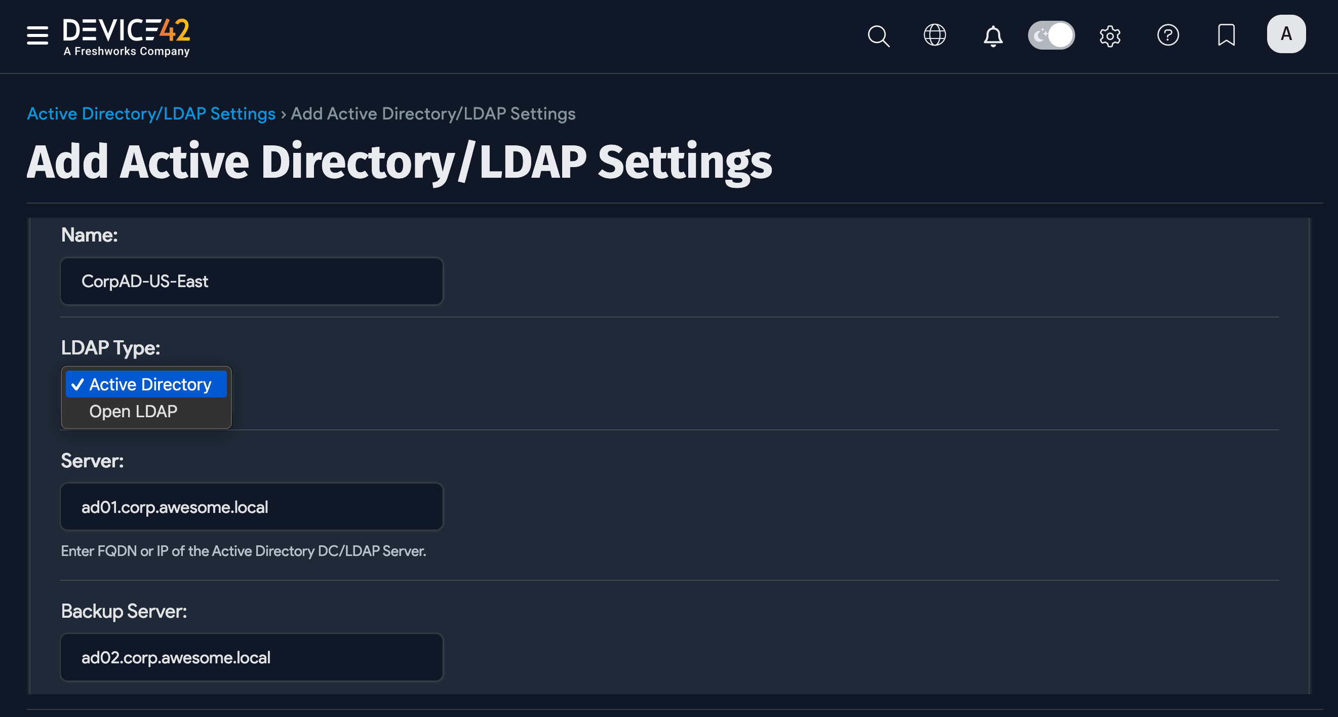 Active Directory/LDAP Settings list page