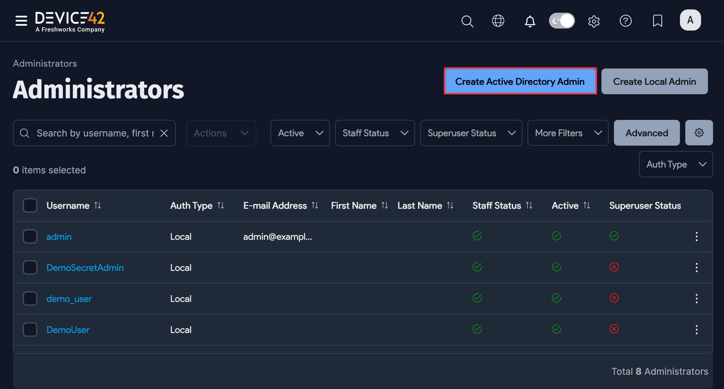 Create AD Admin option