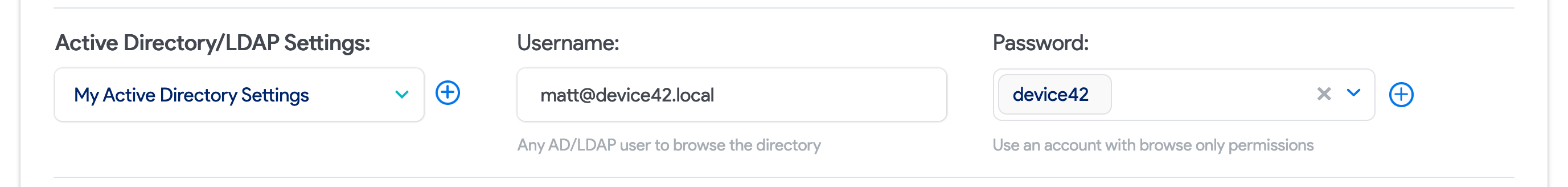 Settings and credential fields