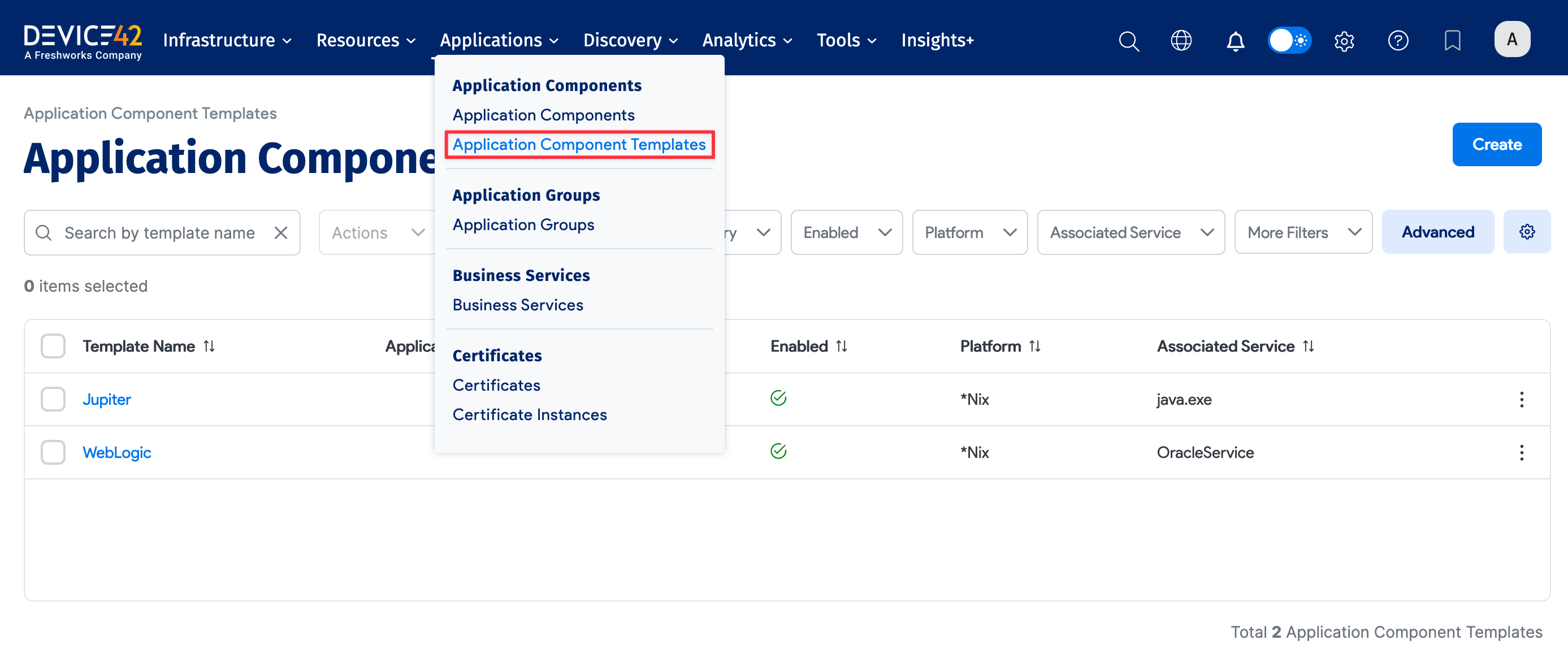 App Comp Templates menu