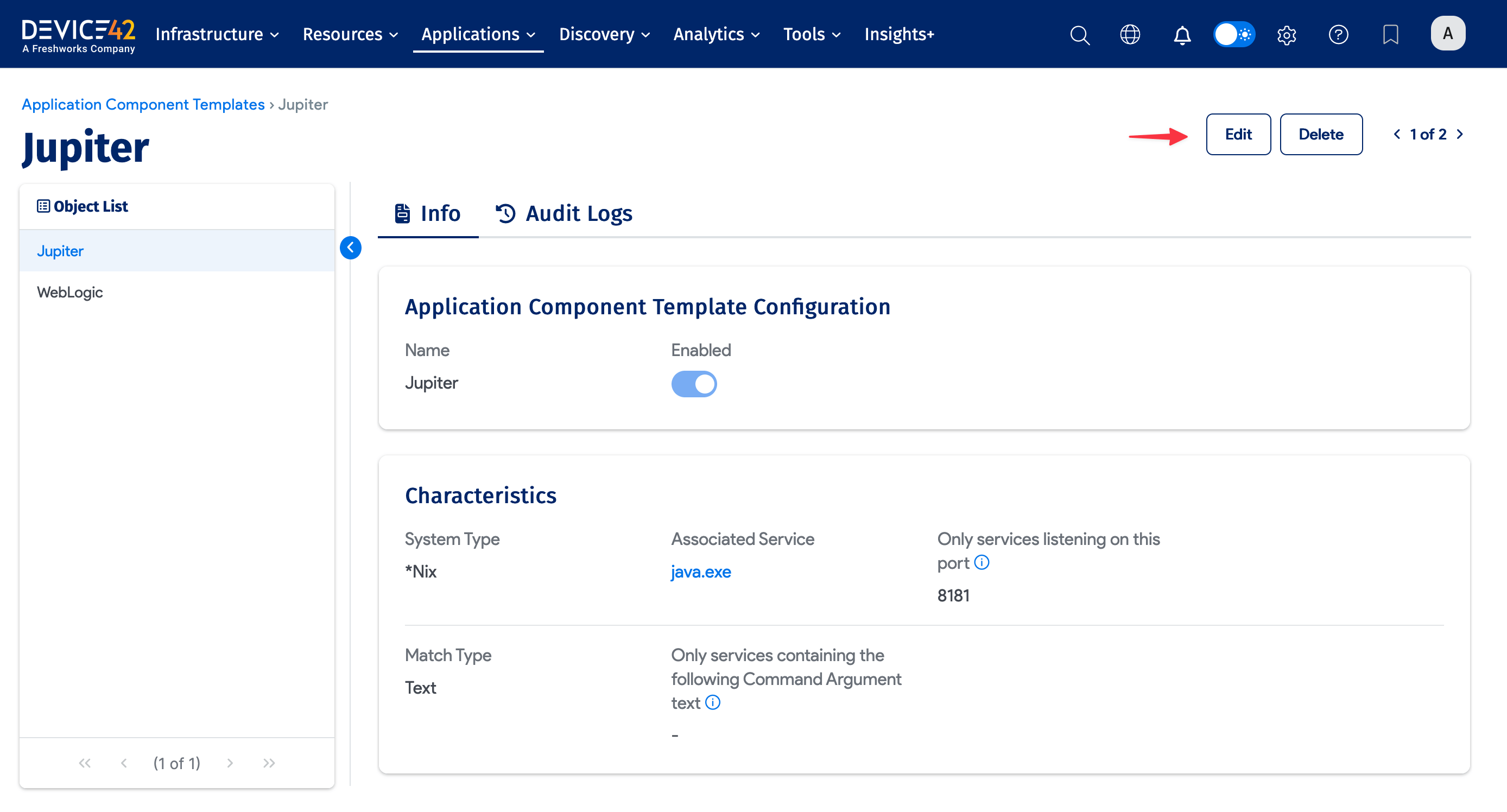 Info view of an Application Component Template
