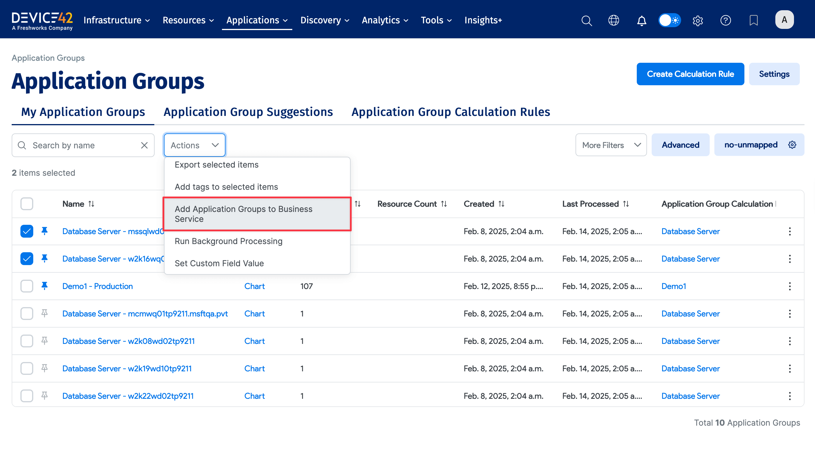 Add to Business Service action