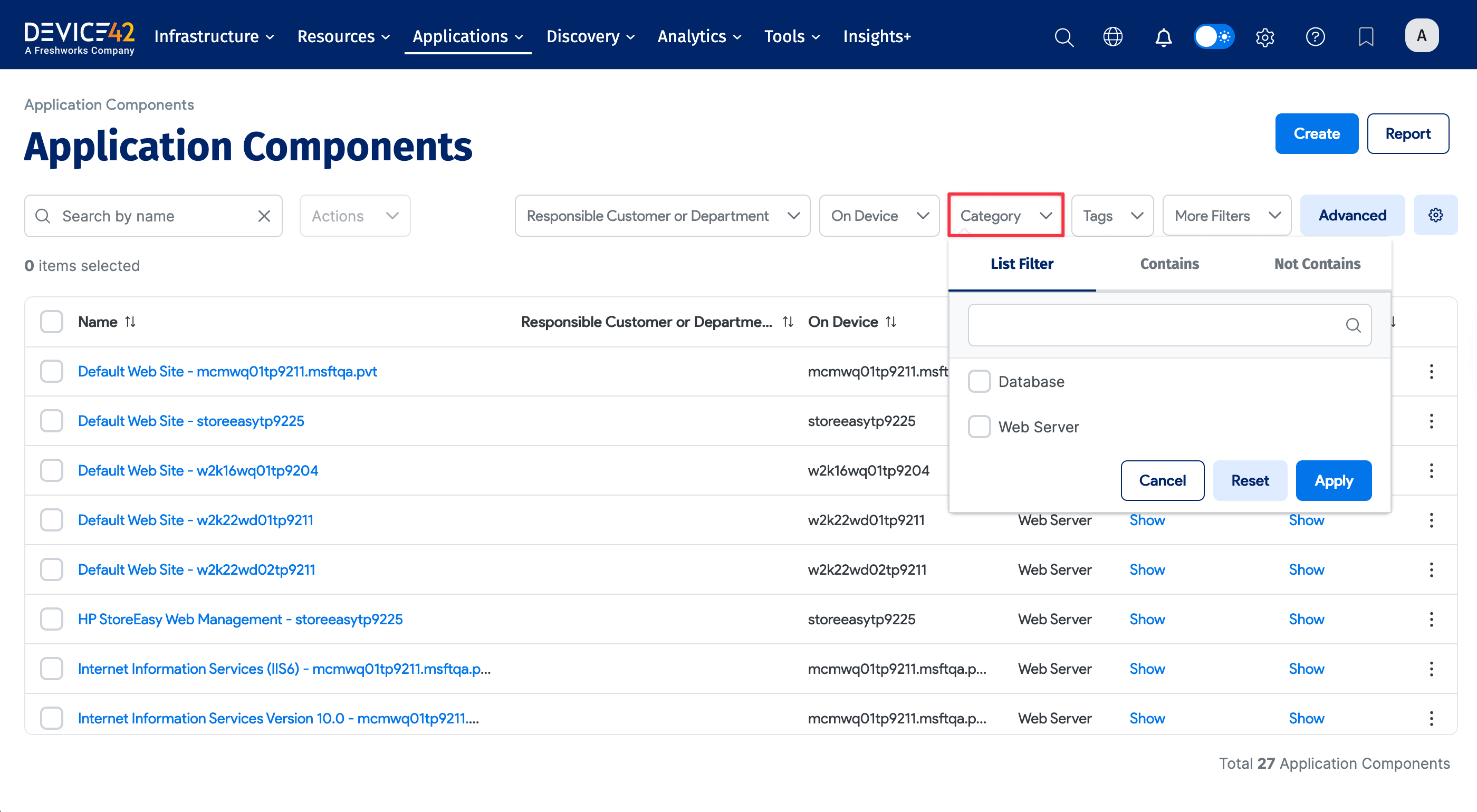 Application Components categories filter