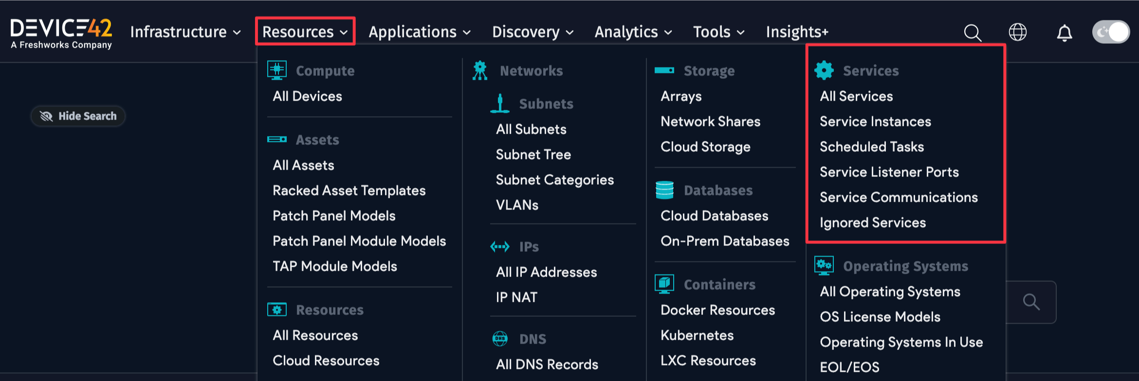 Services menu of the Main Appliance