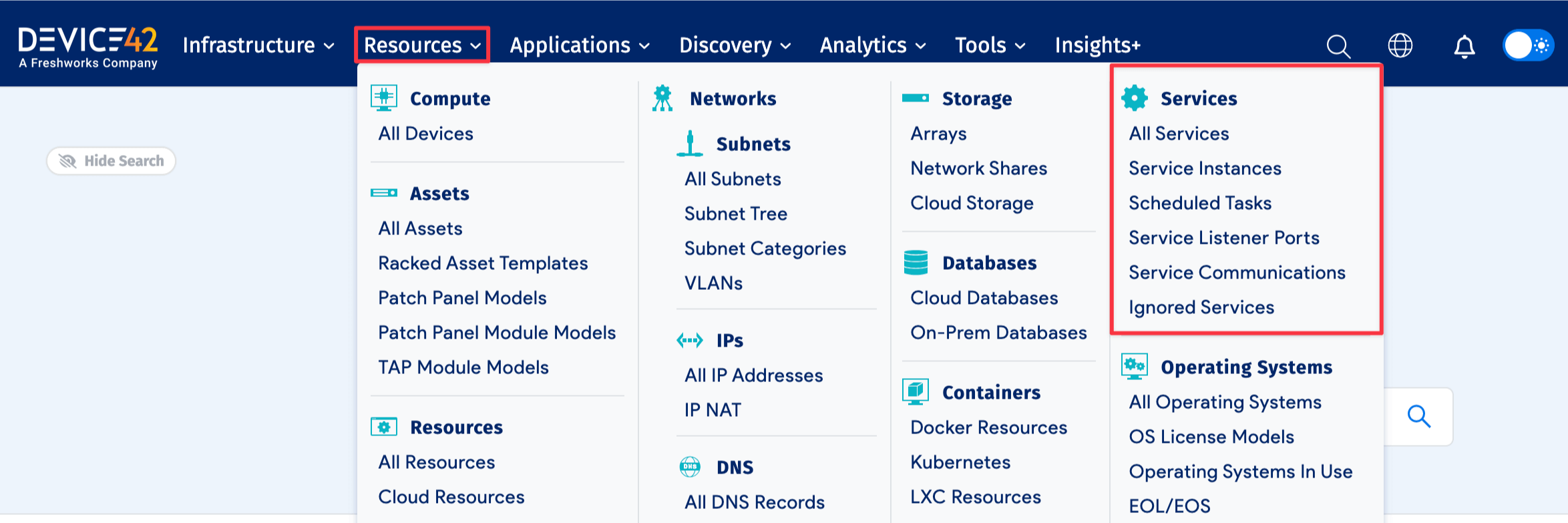 Services menu of the Main Appliance