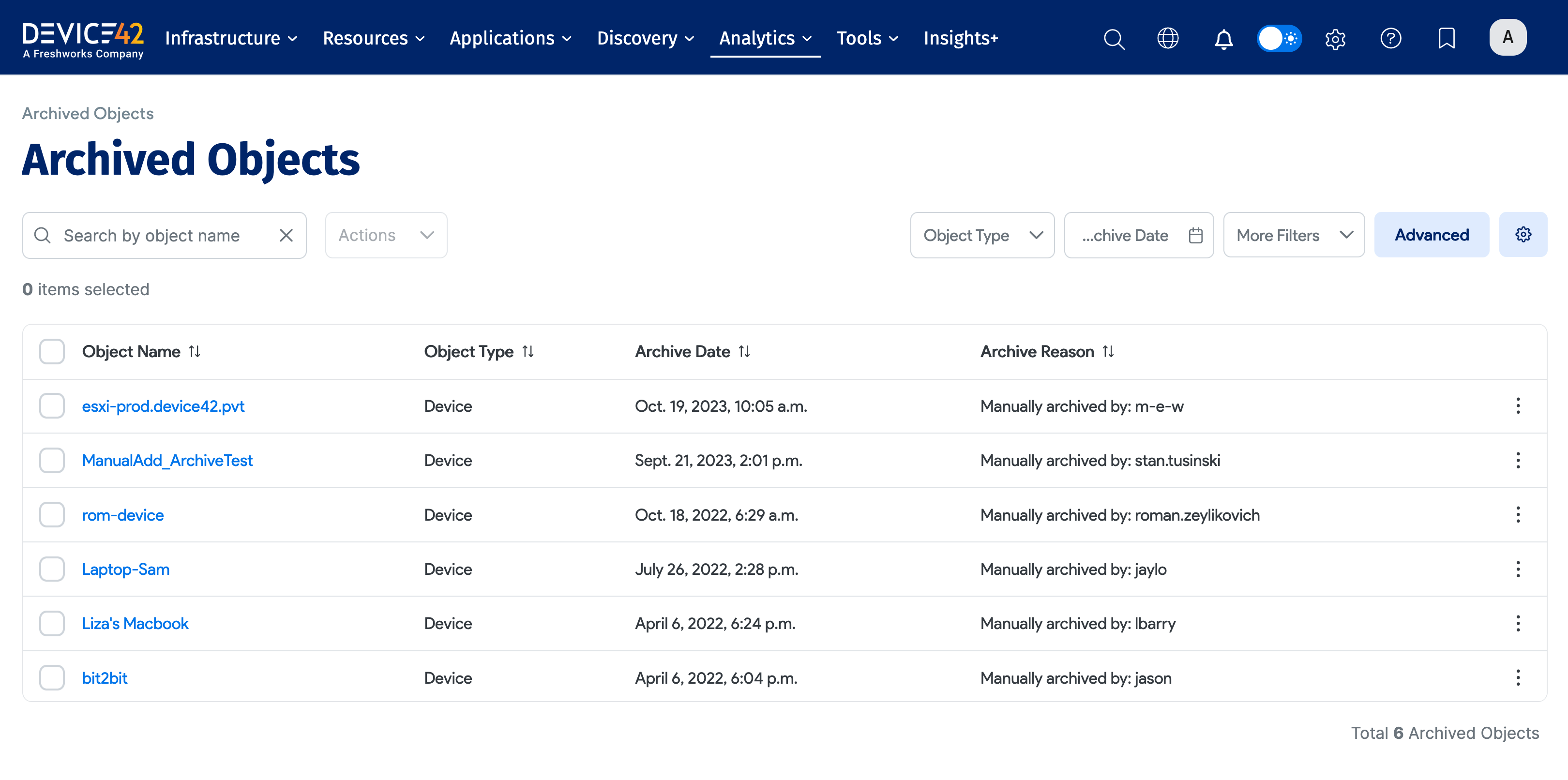 Archived objects list