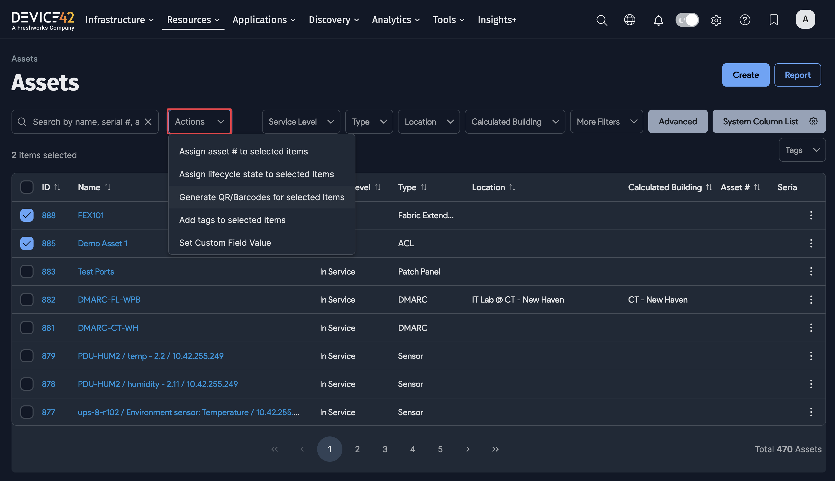 Asset Actions menu options