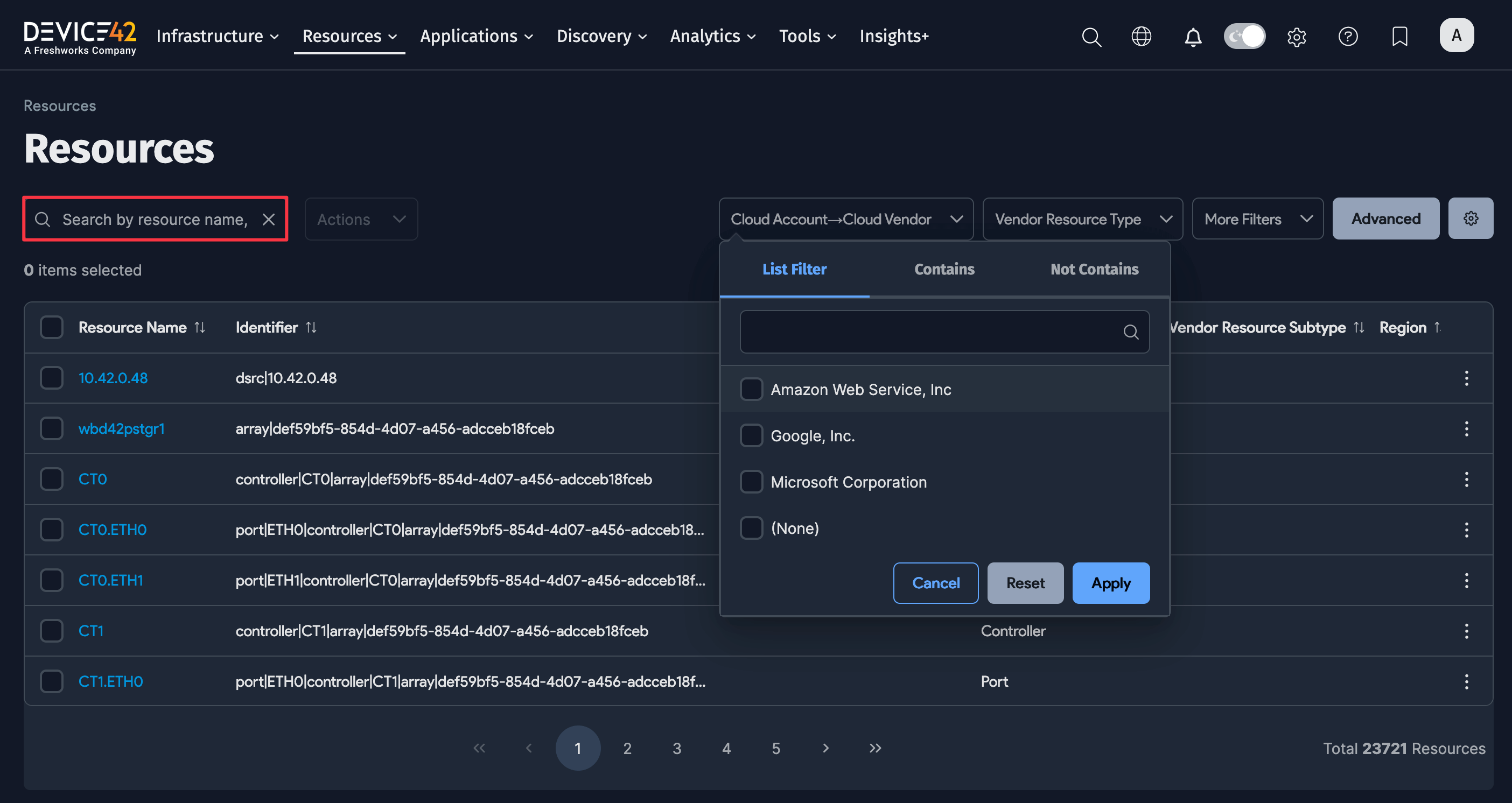 Resources search and filter options