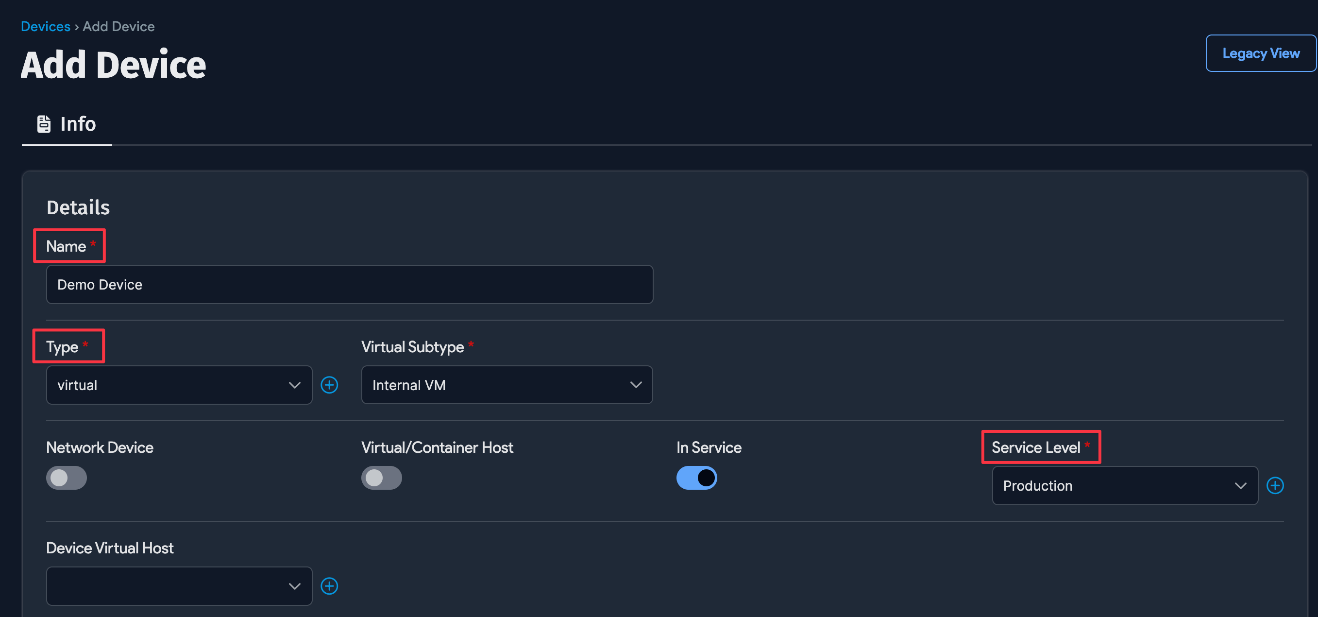 Required fields are bold