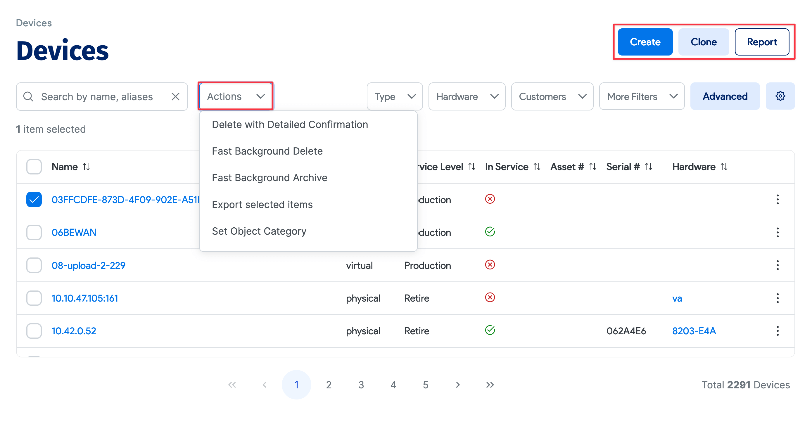 Action menu and page buttons