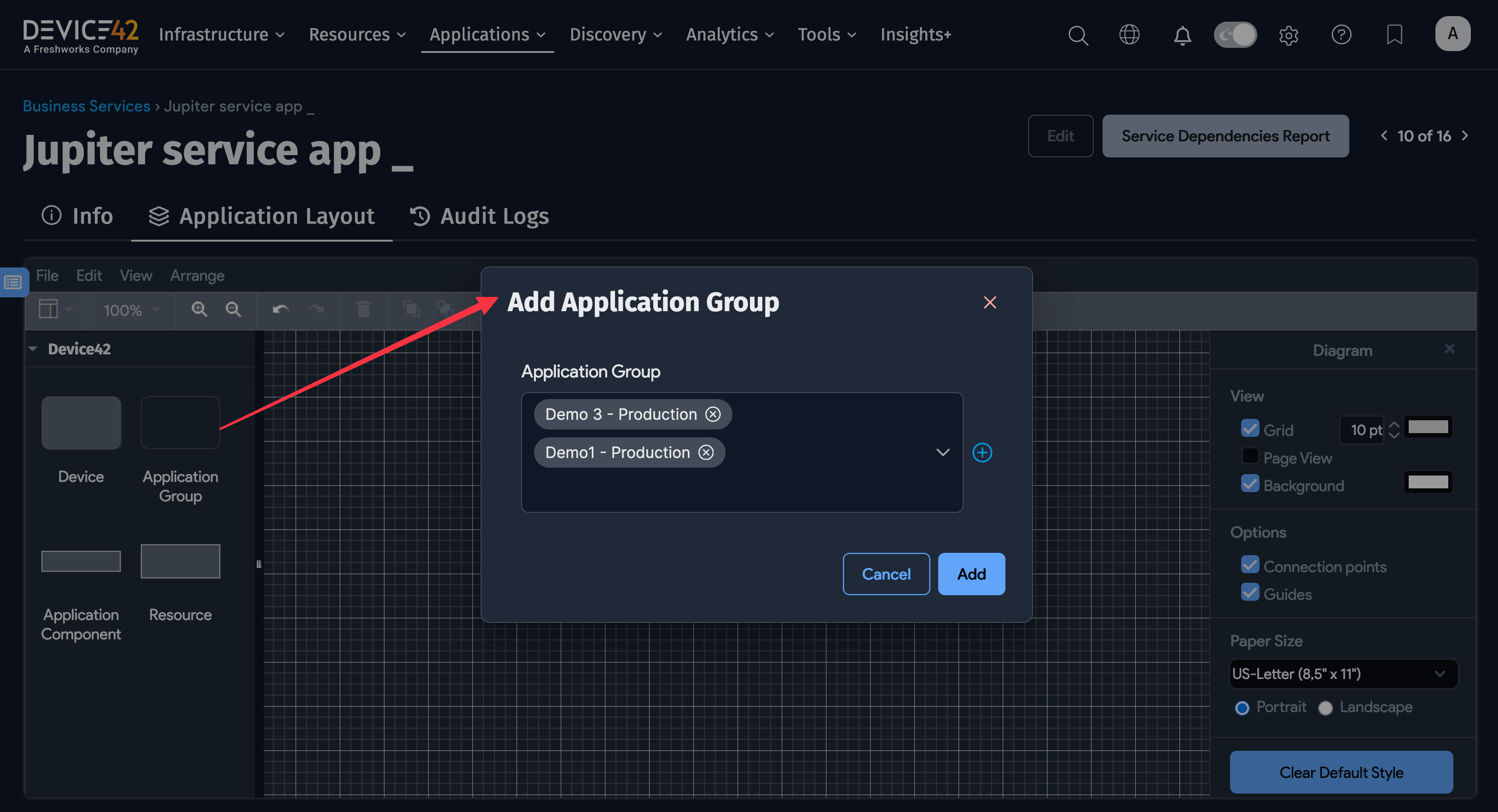 Add Application Group modal window