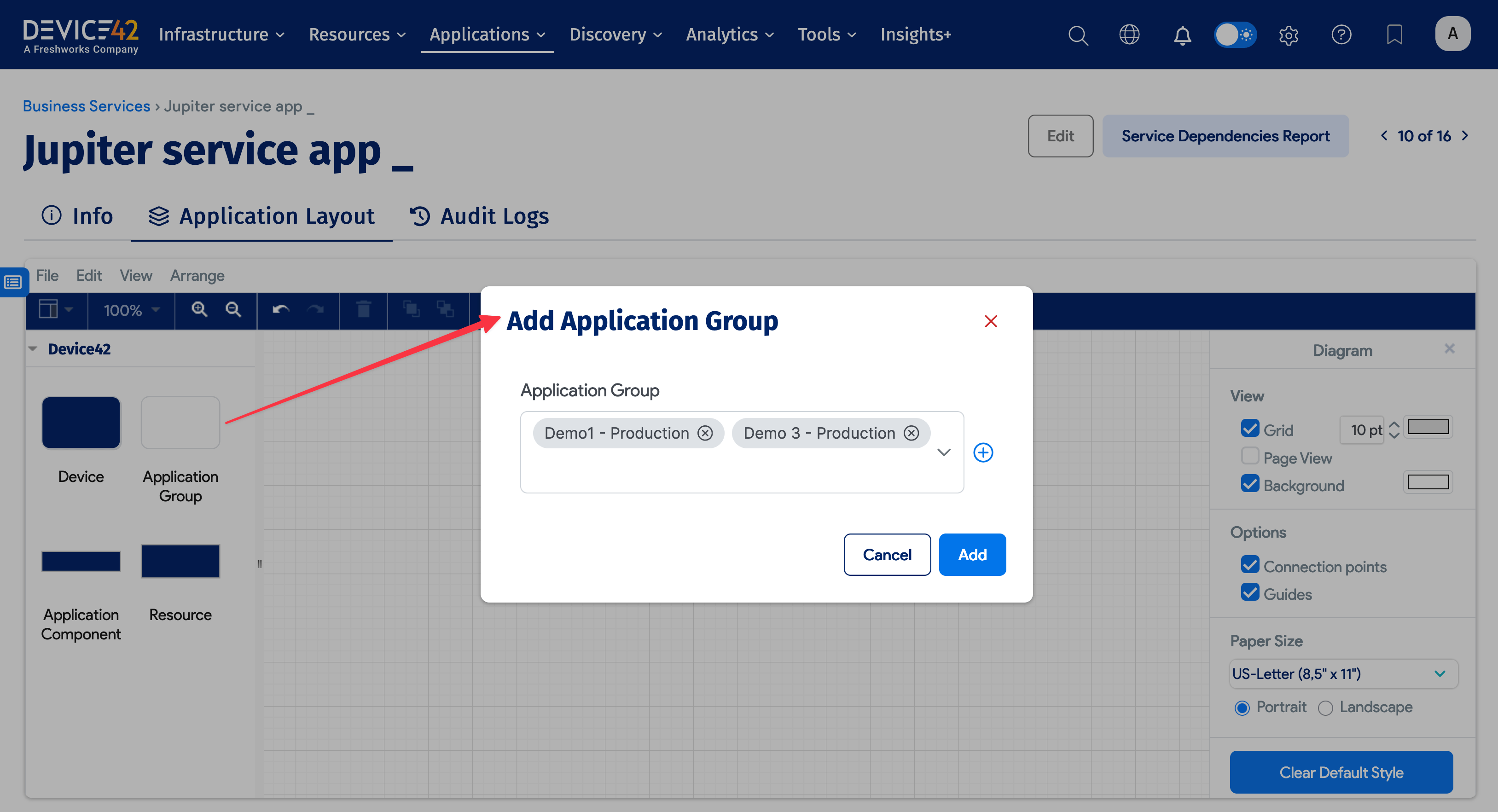Add Application Group modal window
