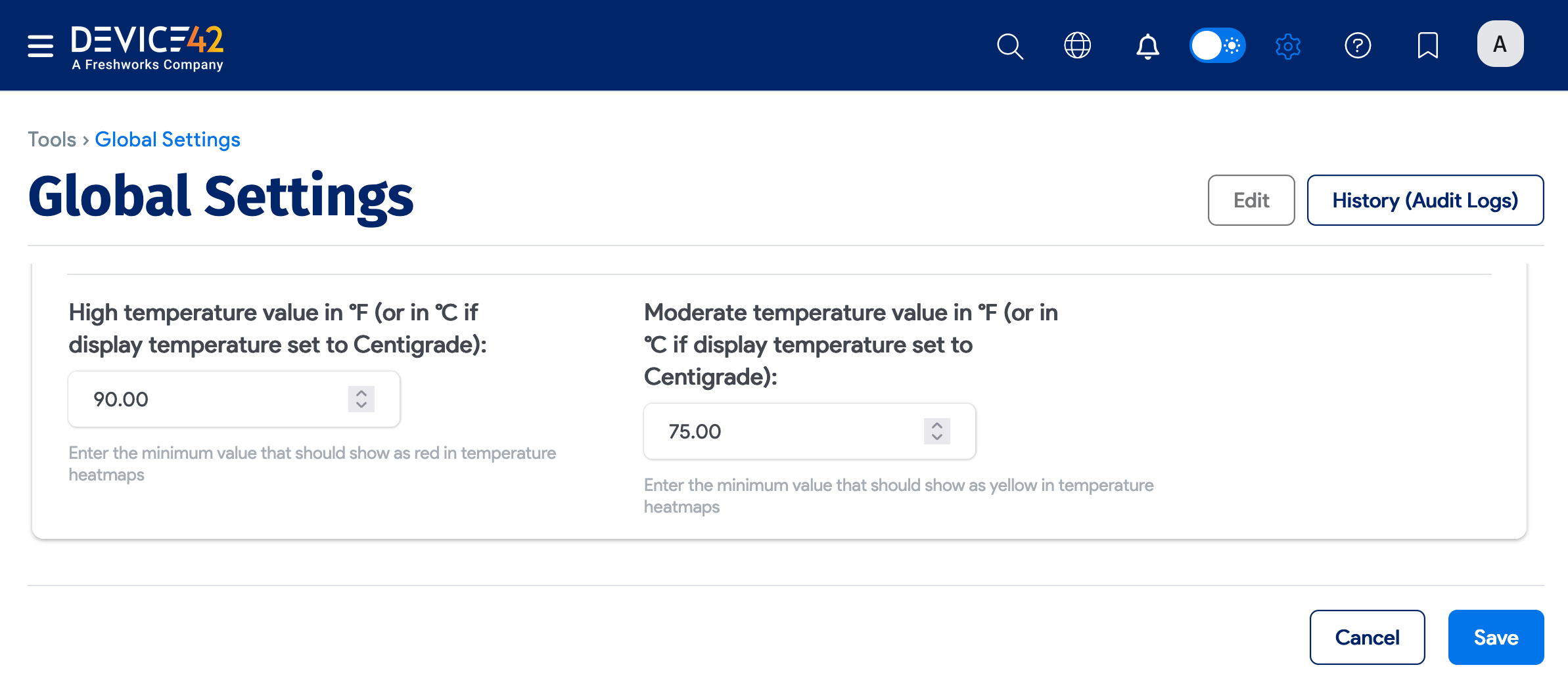 Global settings for temperature