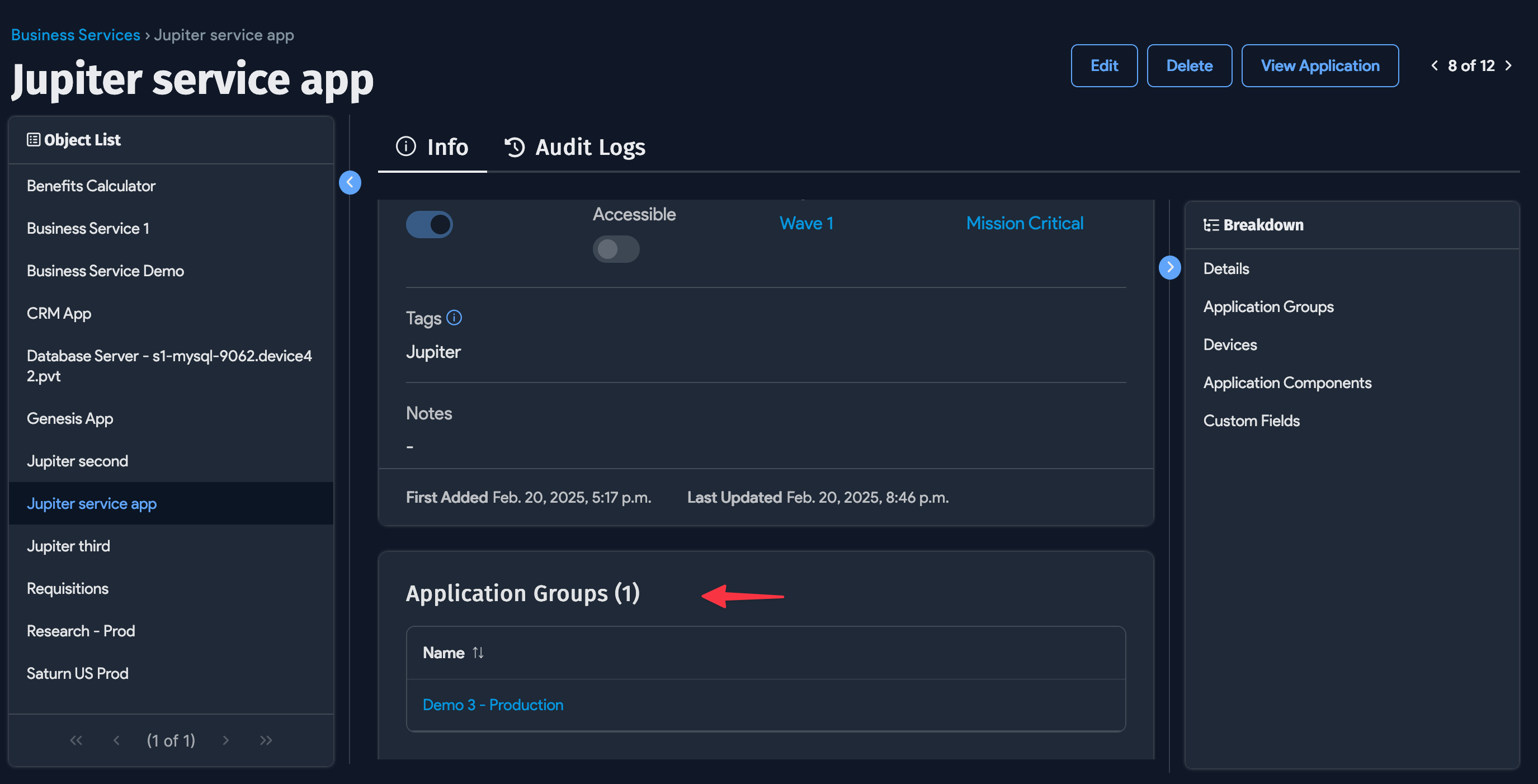 Business Service with Application Group