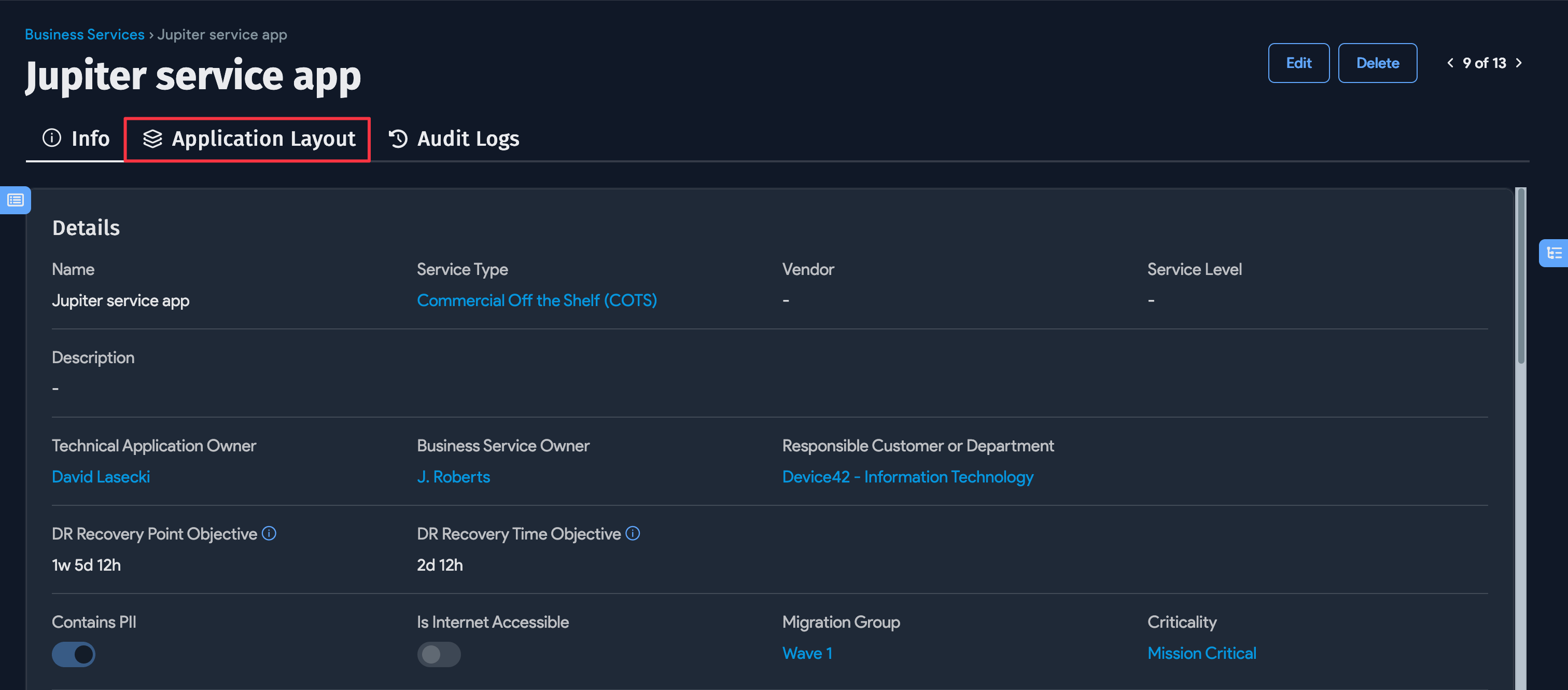 View Application Layout button