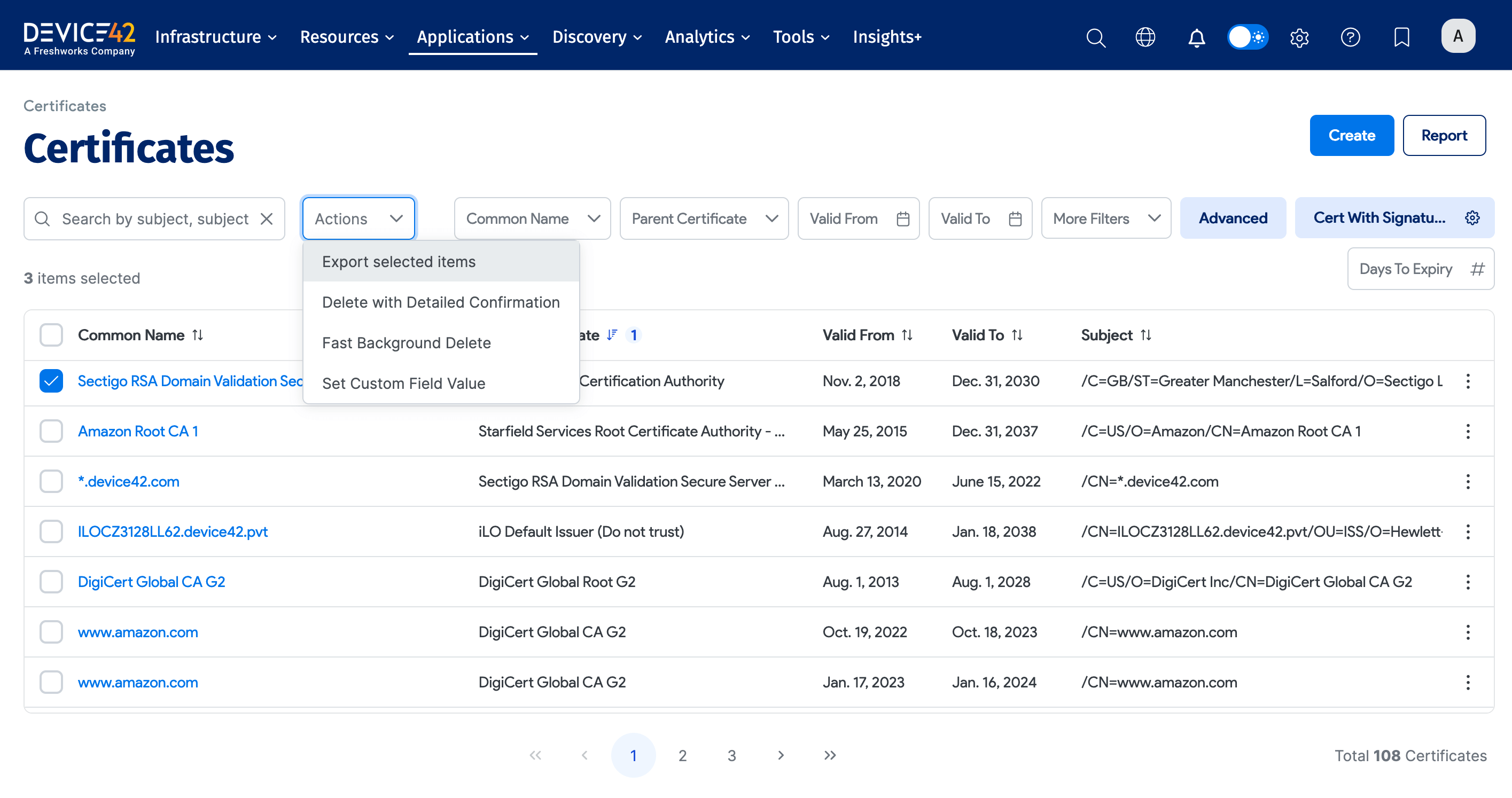 Certificate list page
