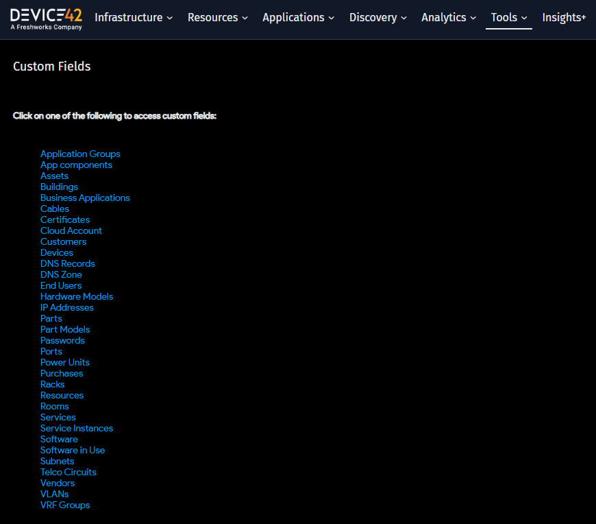 Custom fields organized by CI type