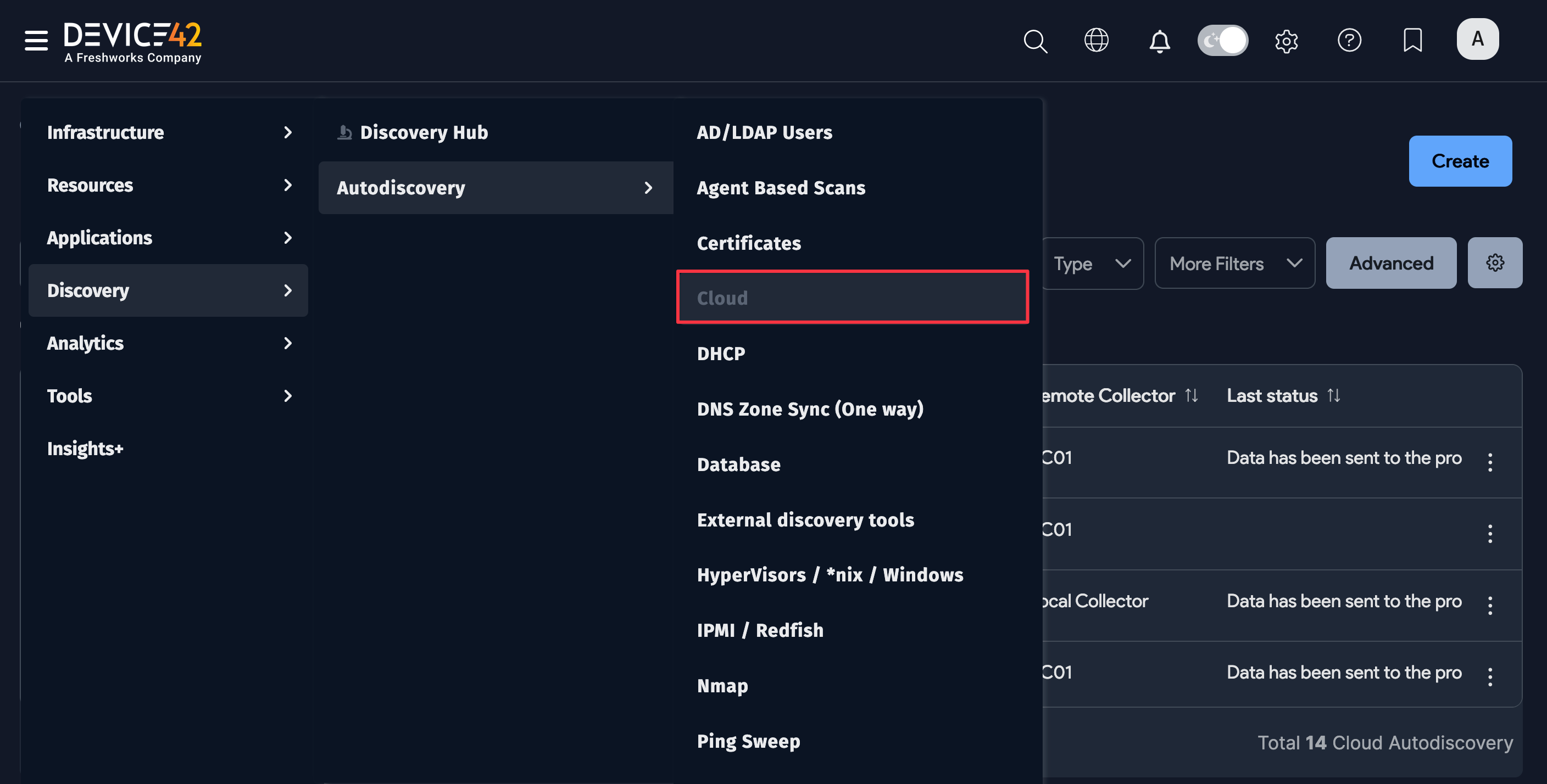 Cloud Discovery menu